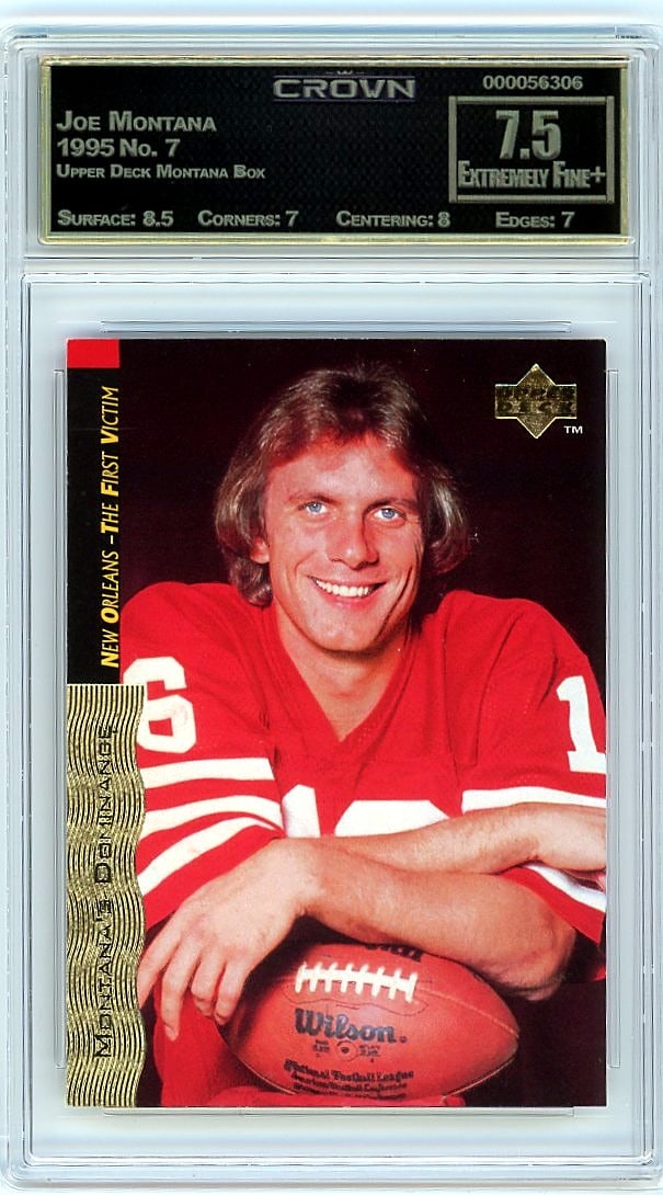 1995 Joe Montana Upper Deck Montana Box Card #7 C: This is a 1995 Joe Montana card from the Upper Deck Montana Box set, card number 7. It's a vintage piece from the mid-90s Montana release, capturing one of football's greatest quarterbacks during a si