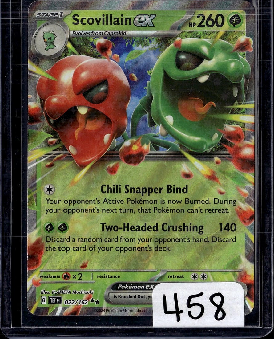 2024 Pokemon Temporal Forces Scovillain ex 022/16: This is a Scovillain ex Pokemon trading card from the 2024 Pokemon ex set, card number 022/162. Scovillain is a Stage 1 Grass-type Pokemon with 260 HP that evolves from Capsakid. The card features