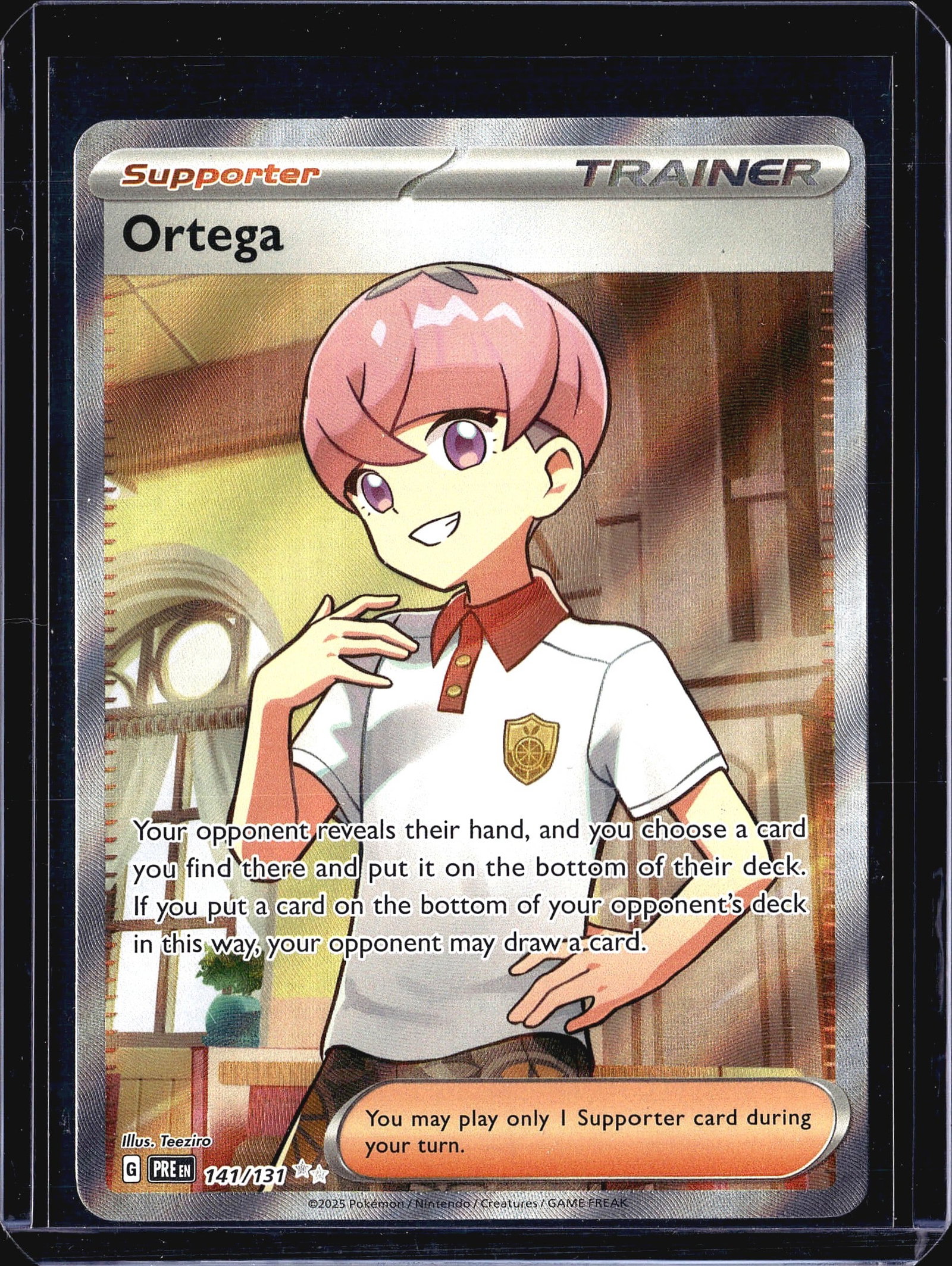 2025 Pokemon Prismatic Evolutions 141 Secret Rare: This listing features the Ortega Supporter Trainer card numbered 141/131 from the 2025 Pokemon TCG set Prismatic Evolutions (set code PRE). As a Secret Rare numbered beyond the base set total, this