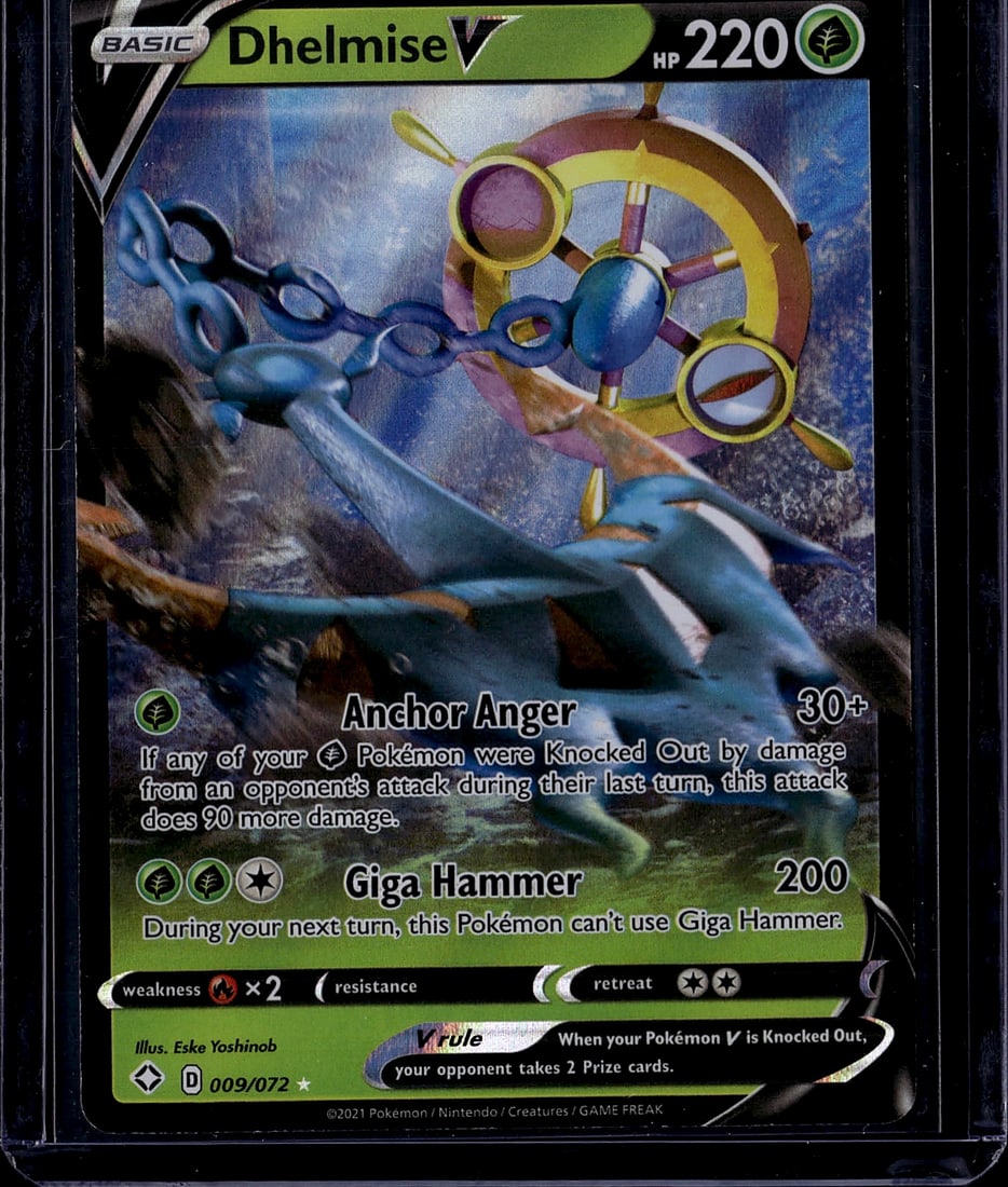 Pokemon Shining Fates 2021 Dhelmise V 009/072 Nea: This is a Dhelmise V Basic Pokemon card from the Sword & Shield set, card number 009/072. The card features Dhelmise with 220 HP and is illustrated by Eske Yoshinob. It showcases two attacks: Anchor