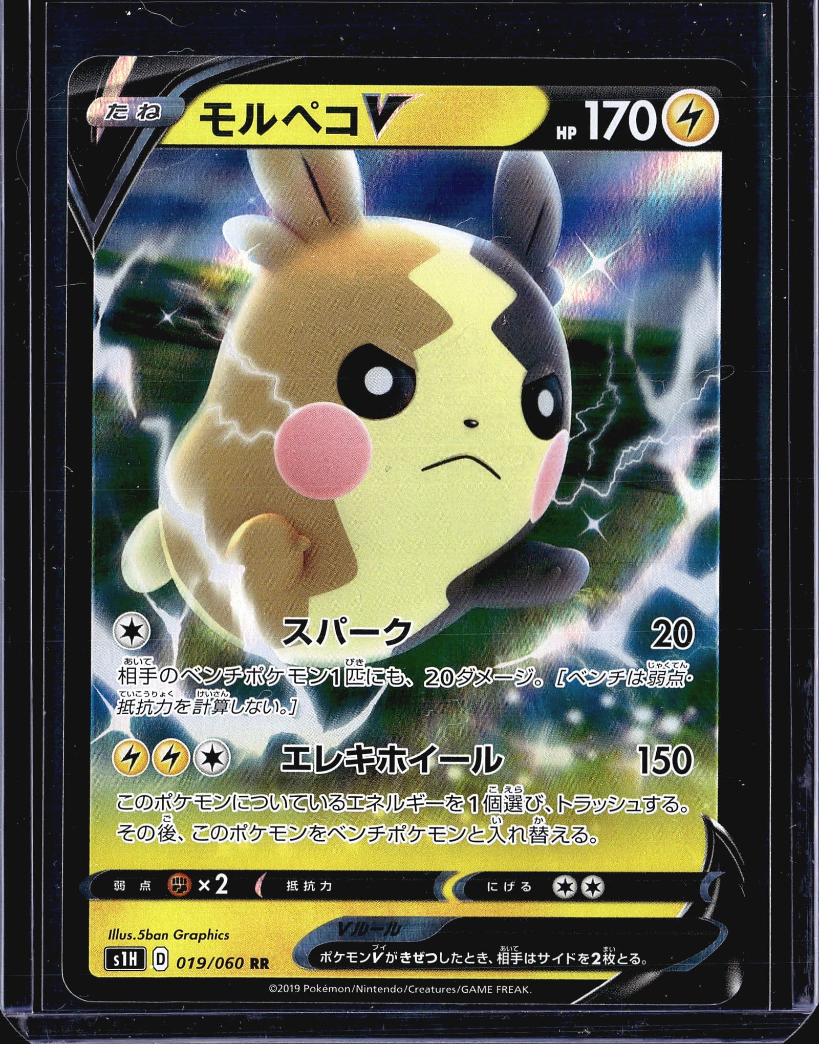 2020 Pokemon S1H Shield Morpeko V 019/060 Holo Do: This is a Japanese Pokemon TCG card featuring Morpeko V, numbered 019/060 from the Japanese Sword Shield S1H set (Shield expansion), released in 2019. The card carries the RR (Double Rare) rarity desi