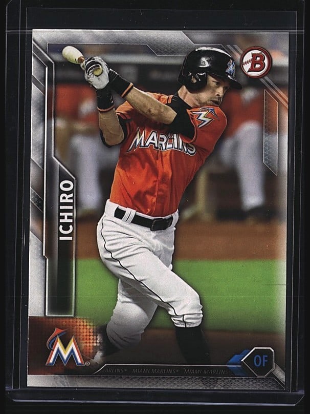 2016 Topps Bowman #50 Ichiro Suzuki Baseball Card: Raw baseball single from the 2014 Topps Bowman set featuring Ichiro Suzuki of the Miami Marlins. Card #23 displays sharp centering and vibrant color registration typical of high-quality base set