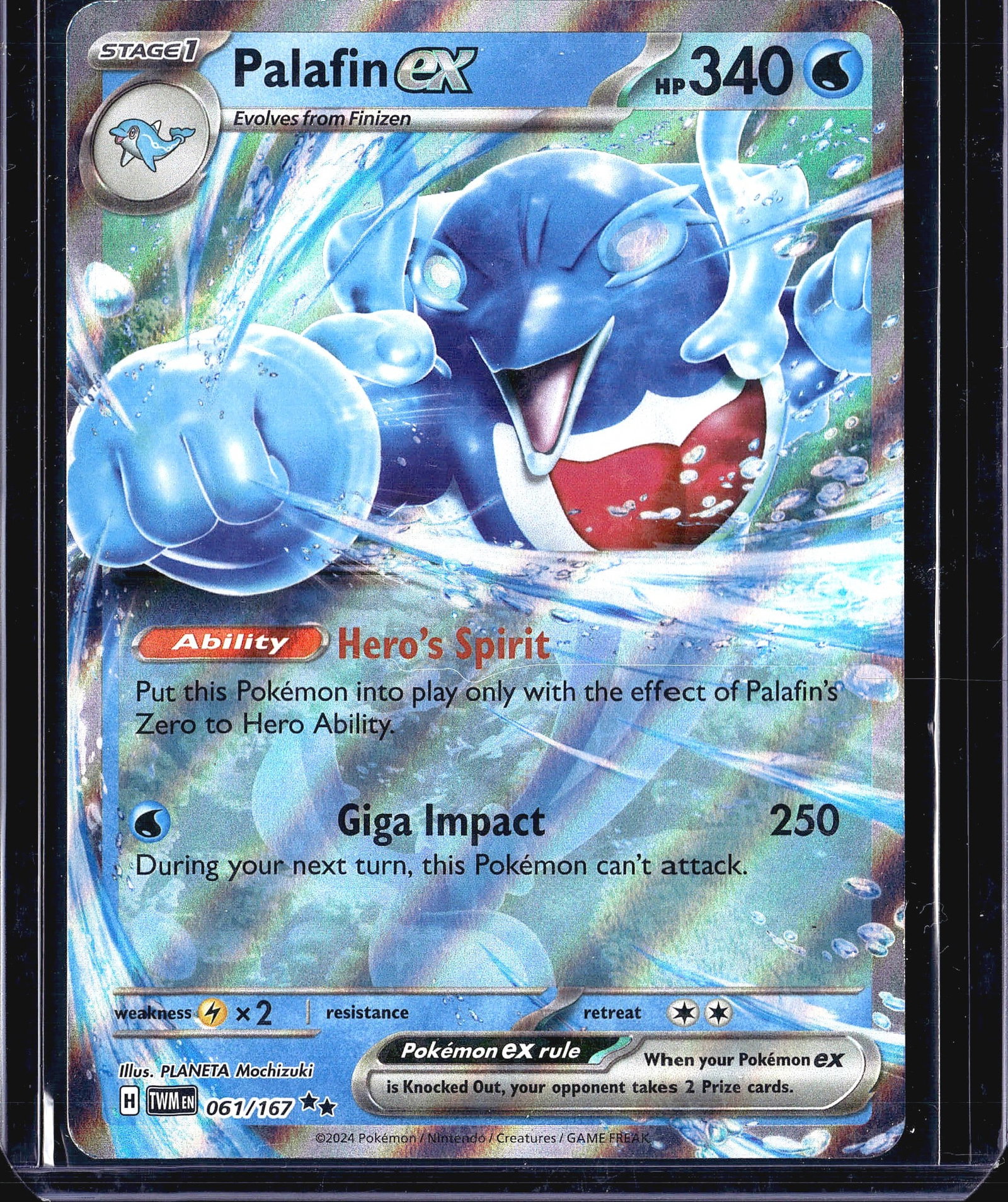 2024 Pokemon Twilight Masquerade Palafin ex 061/1: This listing features a 2024 Palafin ex card from the Pokemon Twilight Masquerade expansion set, numbered 061/167. As a Stage 1 Water-type Pokemon ex, Palafin ex boasts an impressive 340 HP and