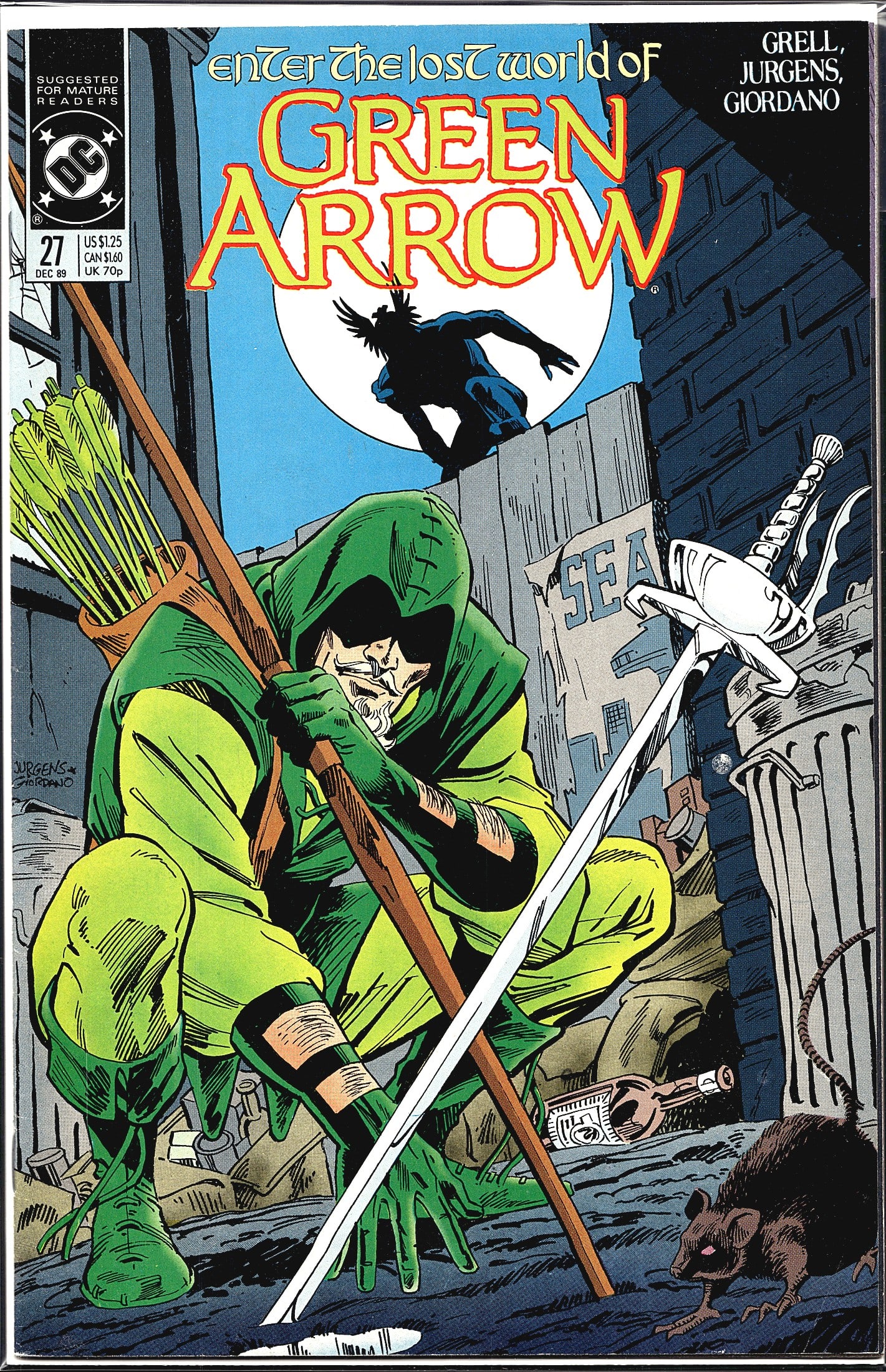 1989 DC Comics Green Arrow Vol. 2 #27 Comic Book: This is Green Arrow #27 published by DC Comics, cover dated December 1989, priced at $1.25 US / $1.60 CAN / 70p UK. The series is written by Mike Grell with interior art by Dan Jurgens and inks by