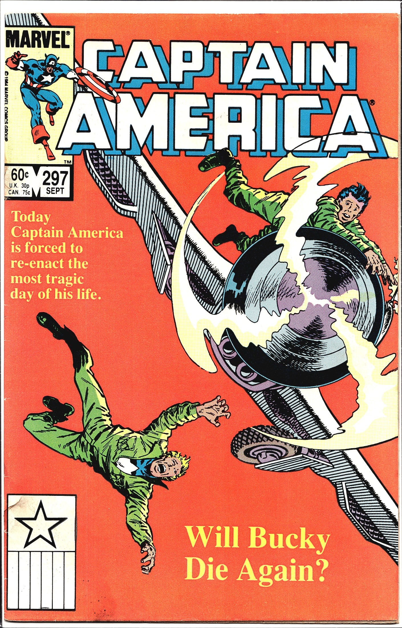 1984 Marvel Captain America 1st Series #297 Comic: Captain America #297 published by Marvel Comics, cover dated September 1984, priced at 60 cents (U.S.), 30p (U.K.), and 75 cents (Canada). The dramatic cover art depicts figures being hurled from a mi