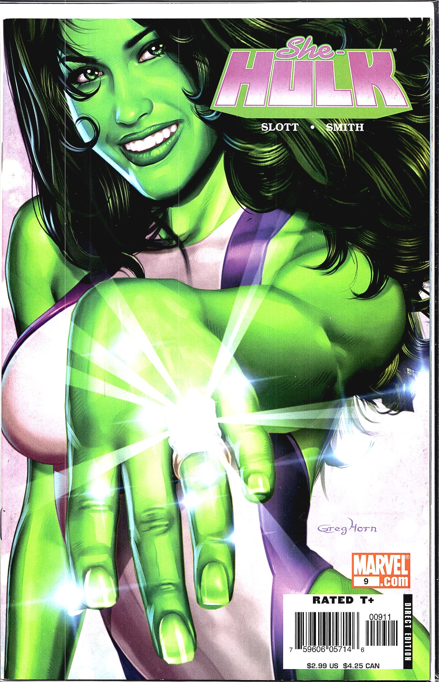 She-Hulk Vol. 2 #9 2005 Marvel Comics 2nd Series: This is She-Hulk #9 published by Marvel Comics, written by Dan Slott with art by Smith, featuring a striking cover illustration by Greg Horn. The cover depicts She-Hulk in her signature purple
