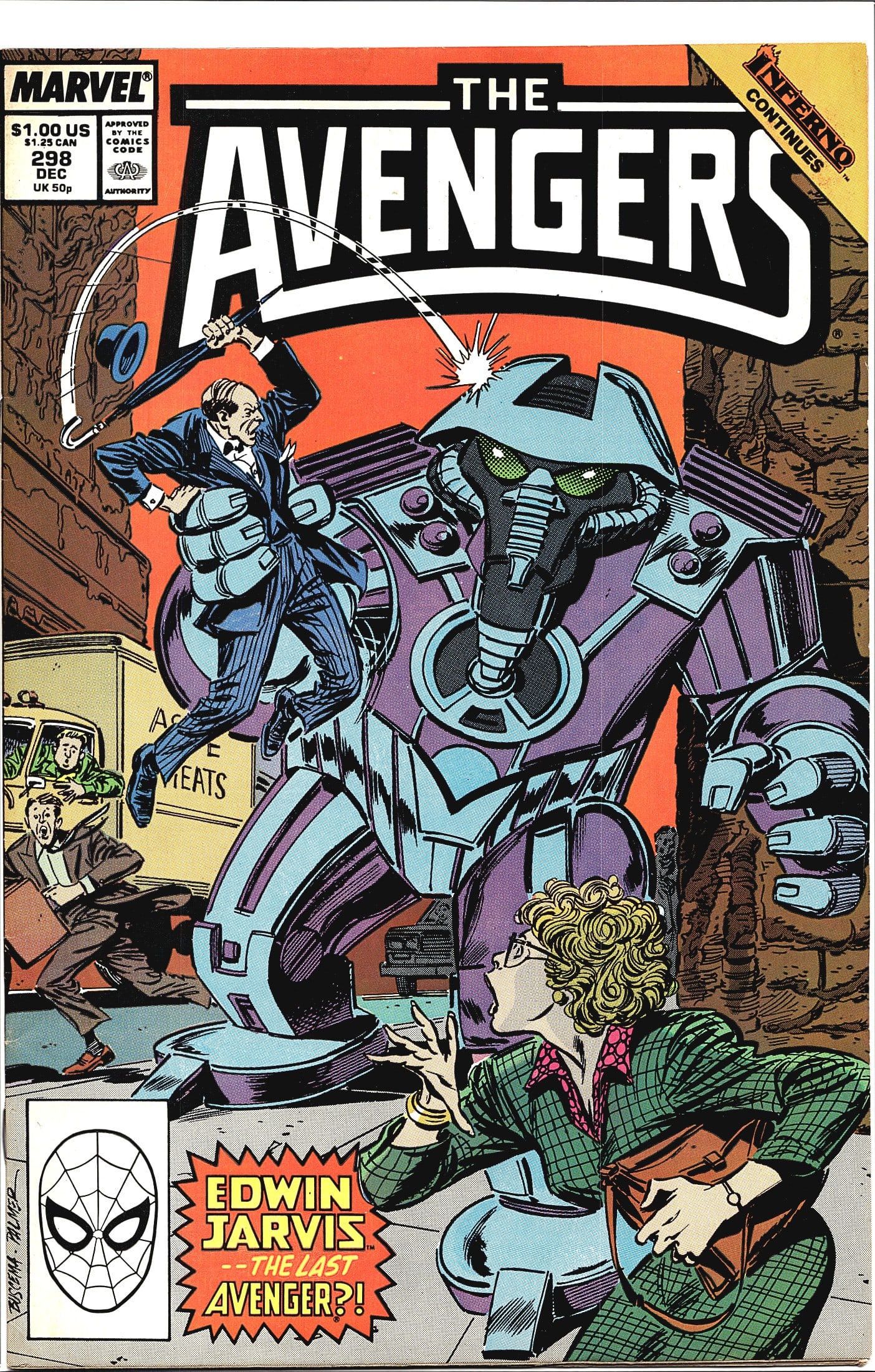 The Avengers #298 Marvel Comics 1988 Edwin Jarvis: The Avengers #298 published by Marvel Comics, cover dated December 1988, priced at $1.00 US. This issue is part of the Inferno crossover event, as indicated by the 'Inferno Continues' banner in the