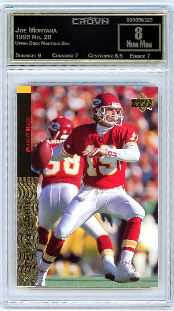 1995 Joe Montana Upper Deck Montana Box Card #28: This is a 1995 Joe Montana card from the Upper Deck Montana Box set, card number 28. It's a professionally graded collectible that has been authenticated and evaluated by Crown grading company. The ca