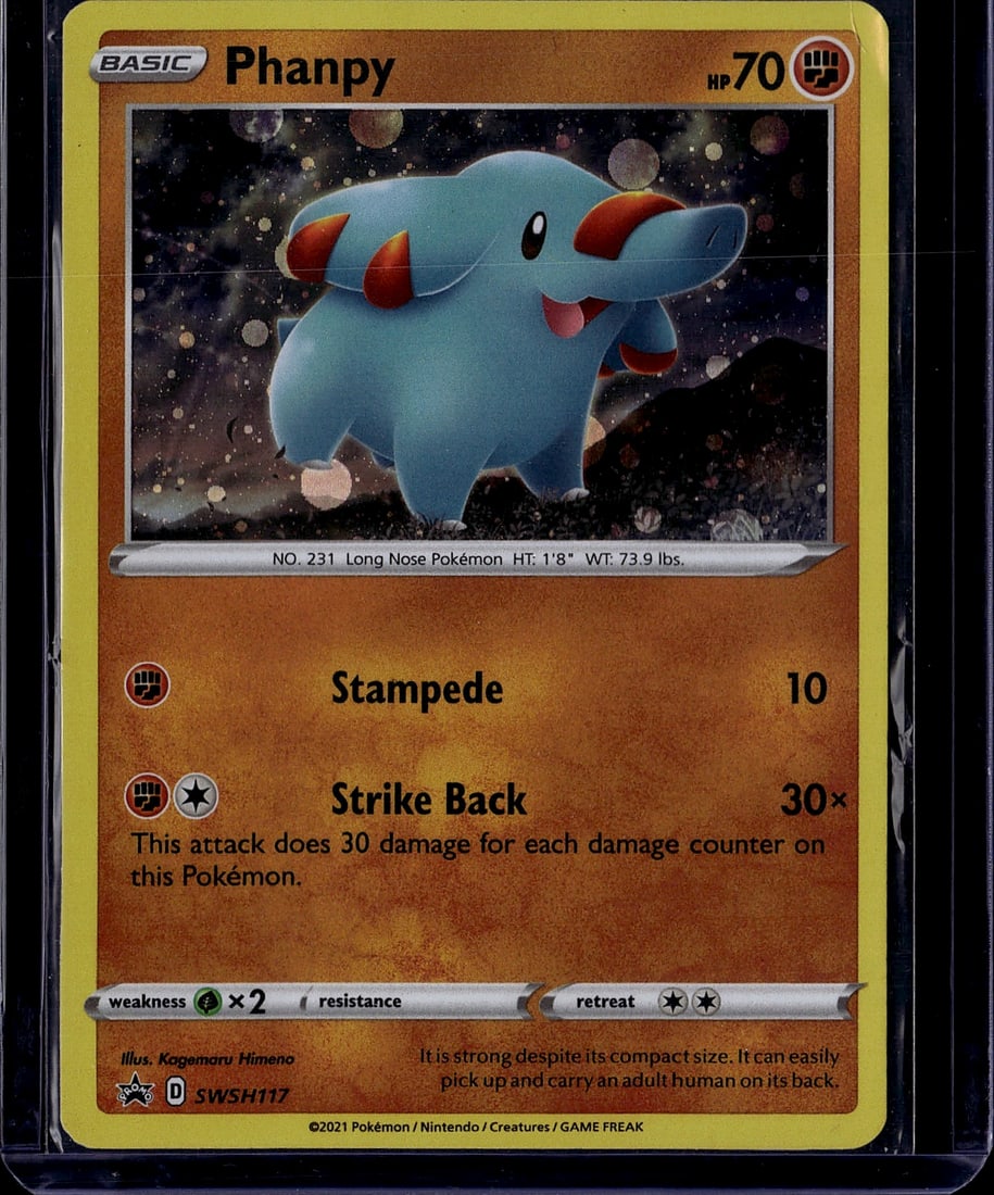 2021 Pokemon Sword & Shield Phanpy #231 Basic Fig: This is a 2021 Pokemon Trading Card Game Sword & Shield series Phanpy card, cataloged as No. 231. Phanpy is a Basic Fighting-type Long Nose Pokemon standing 1'8" tall and weighing 73.9 lbs. The card f