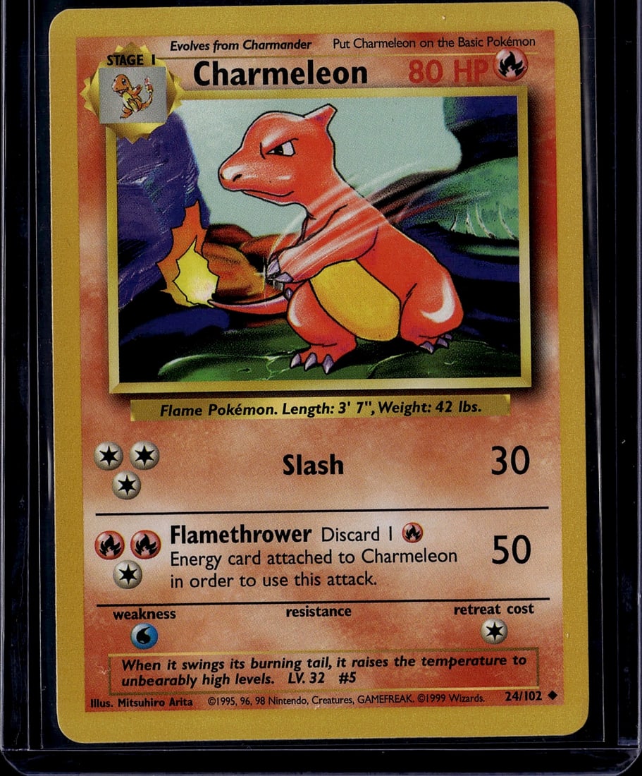 1999 Pokemon Base Set Charmeleon #24/102 Raw Card: This is an authentic 1999 Pokemon Trading Card Game Base Set Charmeleon, card #24/102. The card features the classic Mitsuhiro Arita artwork depicting Charmeleon, a Flame-type Stage 1 Pokemon that evo