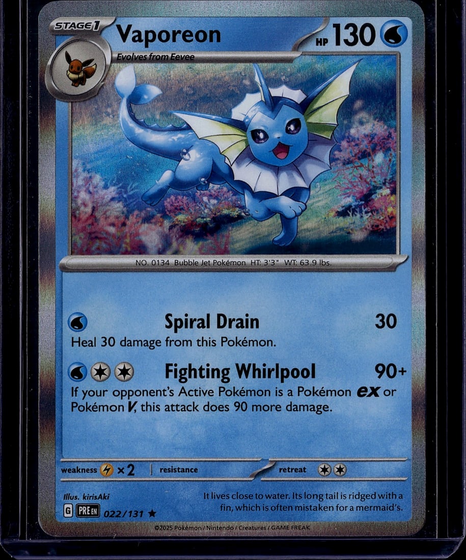Vaporeon 022/131 Pokemon Scarlet & Violet 2025 St: This is a Vaporeon Pokemon trading card from the Scarlet & Violet set, card number 022/131. Vaporeon is a Stage 1 Water-type Pokemon that evolves from Eevee, with 130 HP. The card features vibrant, hi