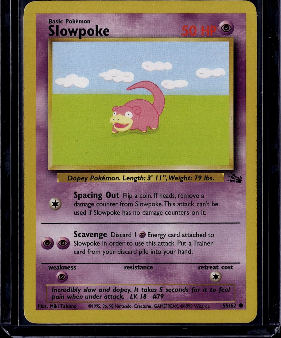 1995 Pokemon Base Set Slowpoke #55/62 Card - Vint: This is an original 1995 Pokemon Trading Card Game Base Set Slowpoke card, numbered 55/62. As a Basic Psychic-type Pokemon with 50 HP, Slowpoke features the iconic artwork by Miki Takano depicting