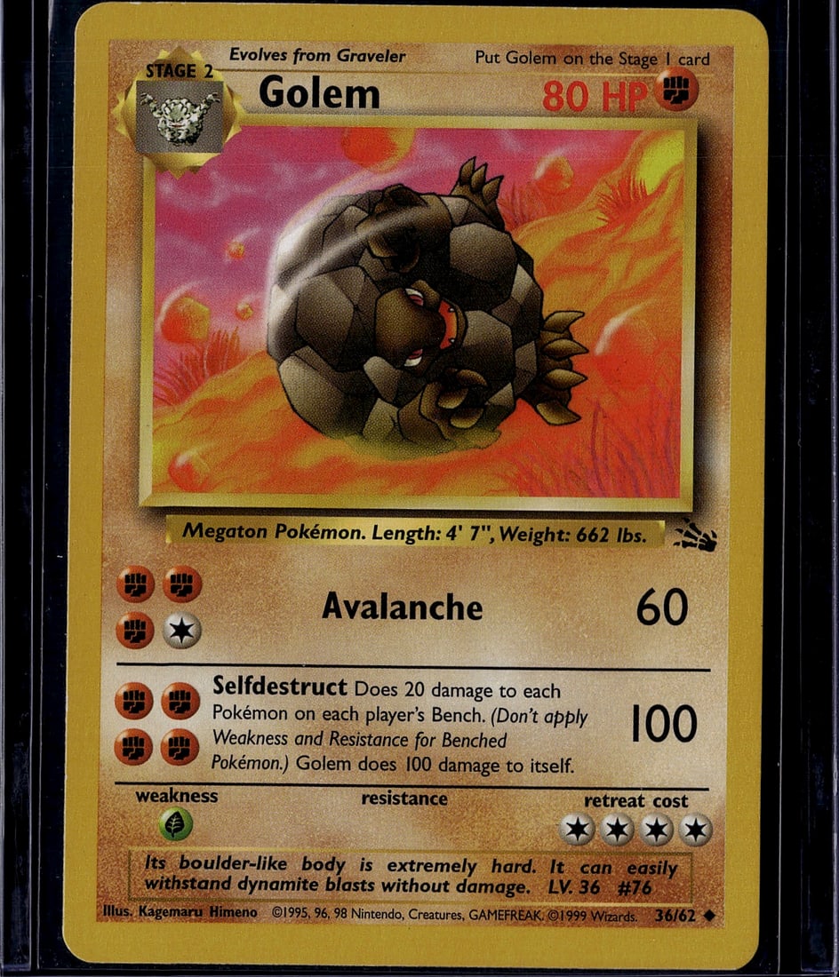 1999 Pokemon Base Set Golem Stage 2 #36/62 Holo C: This is an authentic 1999 Pokemon Trading Card Game Base Set Golem, a Stage 2 Evolution card (Evolves from Graveler). The card features the iconic Megaton Pokemon with 80 HP and two powerful attacks: 