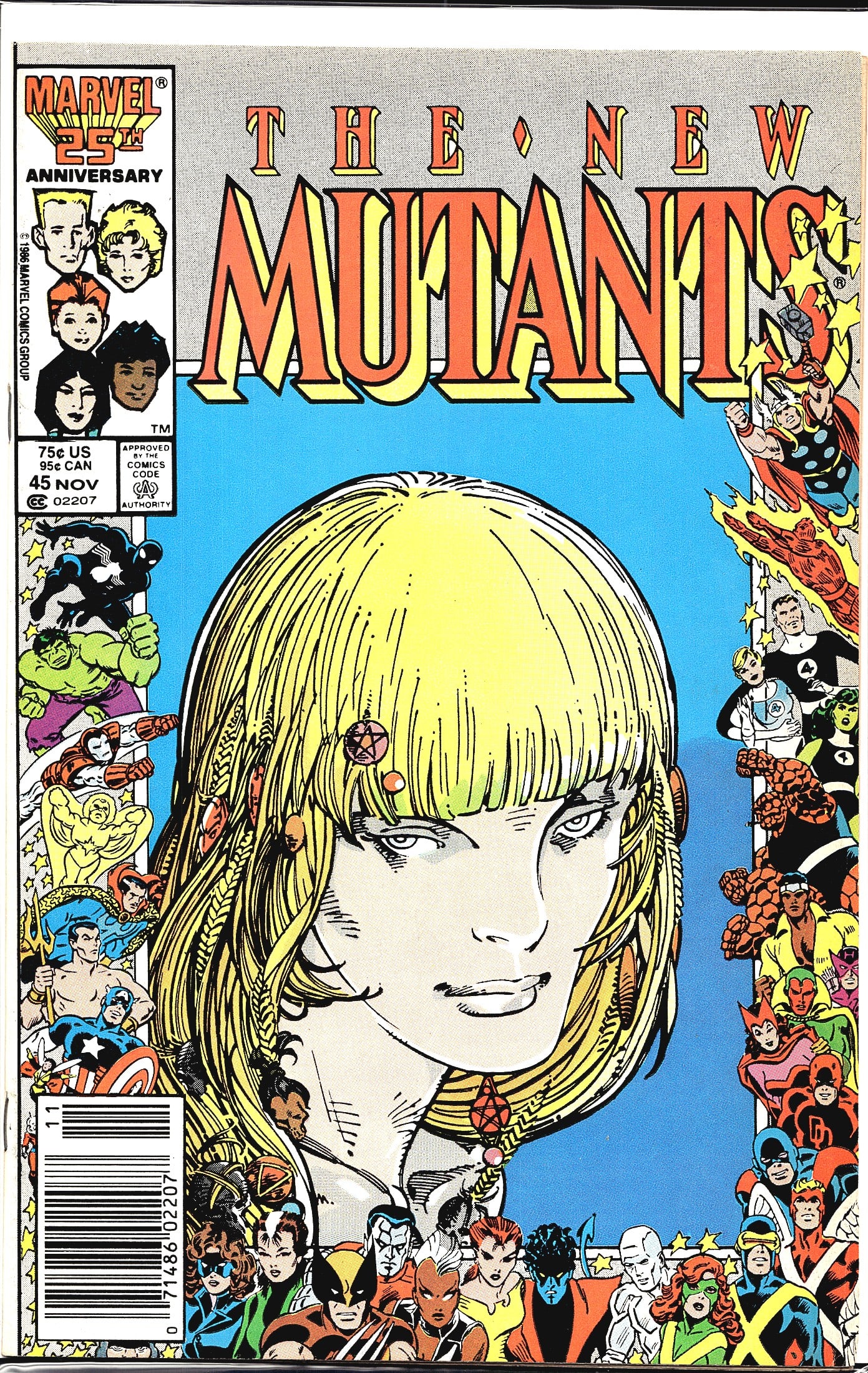 Marvel The New Mutants 1986 #45 Comic Book: The New Mutants #45, published by Marvel Comics in November 1986, priced at 75 US / 95 CAN. This issue features a striking close-up cover of a blonde female character adorned with mystical pentagram j