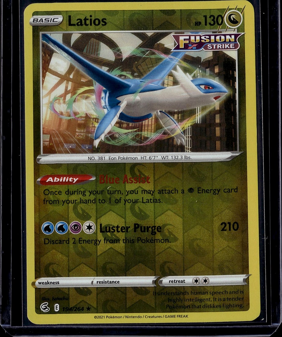 Latios 264 Pokemon Fusion Strike 2021 Eon Pokemon: This is a raw Latios Pokemon trading card from the 2021 Fusion Strike set, card number 264. Latios is a legendary Eon Pokemon that understands human speech and is highly intelligent, making it a sough