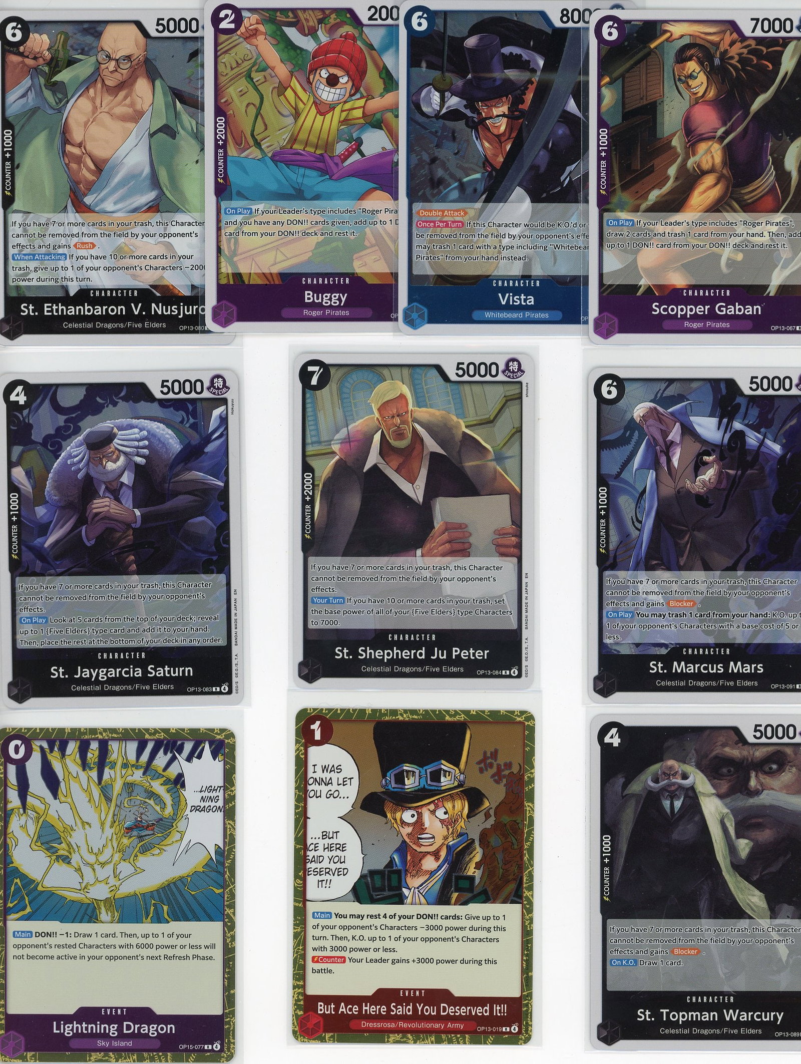 Lot of 10 One Piece Foil Trading Cards - Bandai T: This lot includes 10 foil One Piece trading cards from the Bandai One Piece Trading Card Game. The collection features iconic characters from the series including St. Ethanbaron V. Nusjuro, Buggy, Vis