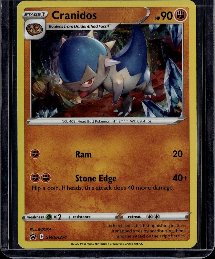 2022 Pokemon SWSH Black Star Promos SWSH274 Crani: Cranidos SWSH274 is a Stage 1 Fighting-type Pokemon card with 90 HP, released as a Cosmos Holofoil Black Star Promo. It was included in Silver Tempest Single Pack Blisters starting November 11, 2022. 