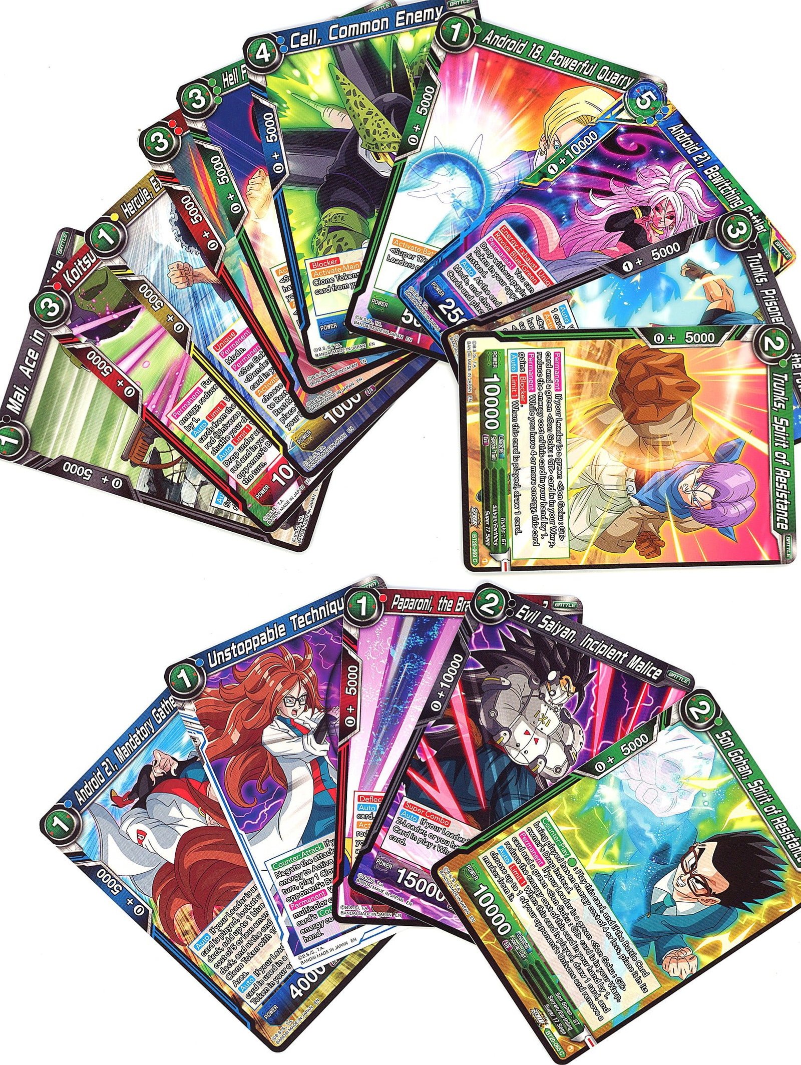 Dragon Ball Z Trading Card Lot Modern TCG Cards: This lot consists of multiple modern Dragon Ball Z trading cards featuring vibrant artwork characteristic of the Dragon Ball TCG. The cards display various character artwork and game mechanics typical