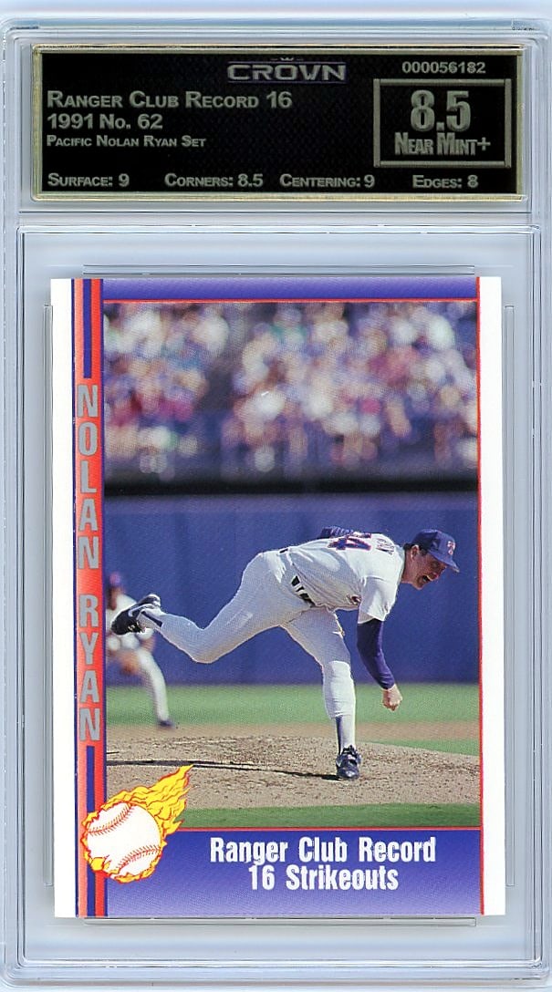 1991 Pacific Nolan Ryan Set #62 Ranger Club Recor: This is a 1991 Pacific Nolan Ryan Set card #62, professionally graded and slabbed by Crown at 8.5. The card captures a significant moment from Nolan Ryan's legendary career with the Texas Rangers, spe