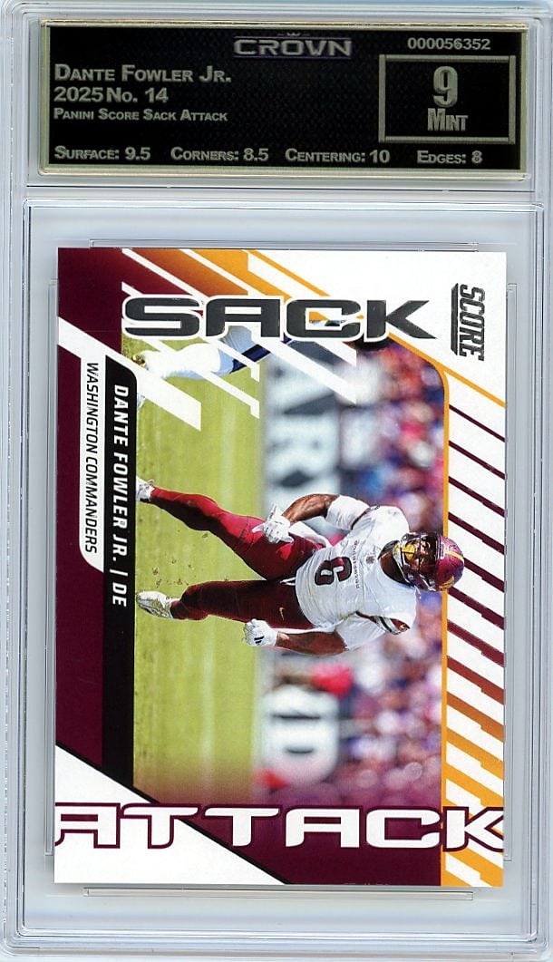 2025 Dante Fowler Jr. Panini Score Sack Attack #1: This is a 2025 Dante Fowler Jr. card from the Panini Score Sack Attack set, card number 14. It's a professionally graded collectible that has been authenticated and evaluated by Crown grading, one of 