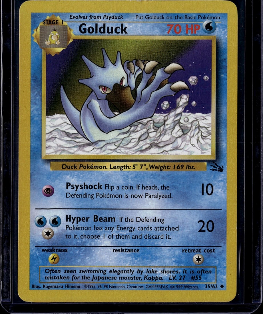 1999 Pokemon Base Set Golduck #35/62 Stage 1 Duck: This is an authentic 1999 Pokemon Trading Card Game Base Set Golduck card (#35/62), a Stage 1 Duck Pokemon that evolves from Psyduck. The card features the classic Kagemaru Himeno artwork depicting Go