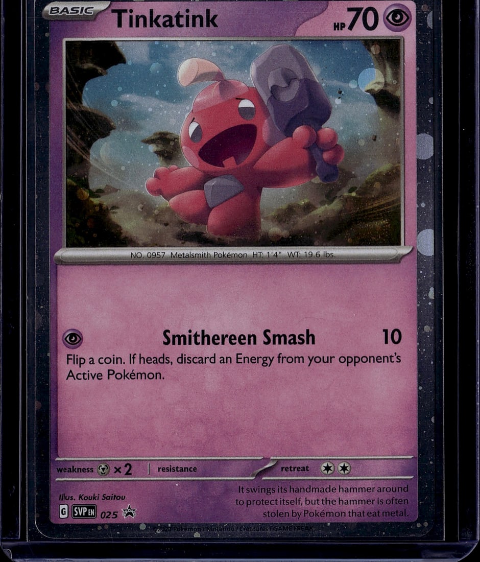 2023 Tinkatink SVP025 Pokemon Scarlet Violet Blac: Tinkatink SVP 025 is a Cosmos Holofoil Black Star Promo card (Basic, Steel-type, 70 HP) released on June 9, 2023, distributed in Paldea Evolved Three Pack Blisters. It was first printed in the