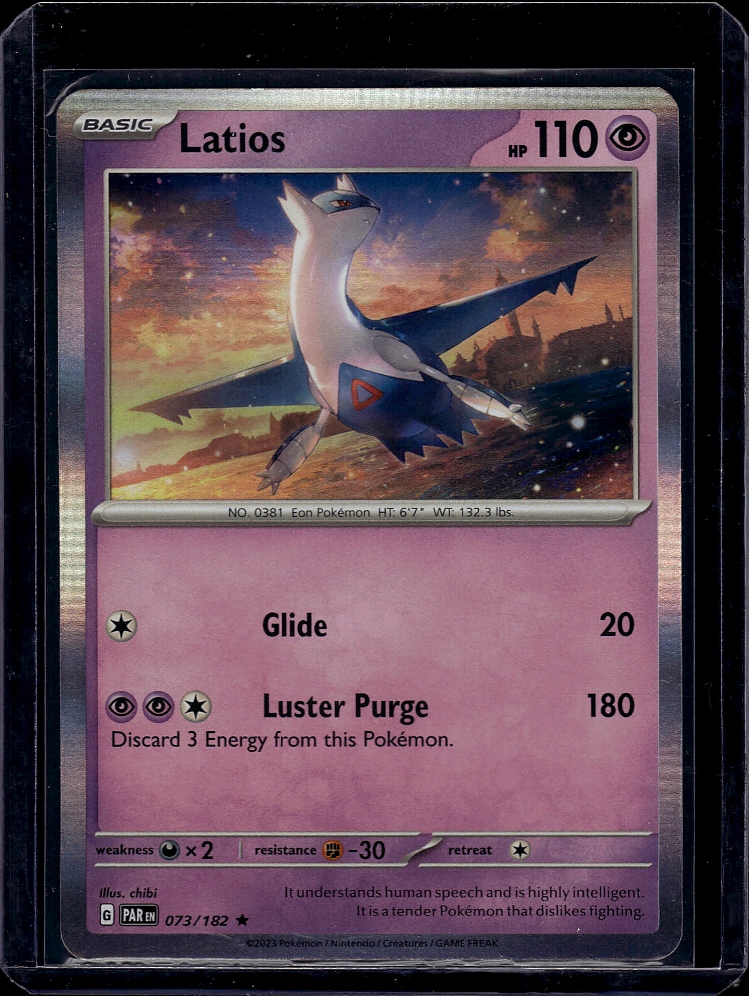 Latios 073/182 Paldea Evolved Pokemon Card Near M: This is a raw Latios Pokemon trading card from the Paldea Evolved set, card number 073/182. Latios is a legendary Psychic-type Eon Pokemon featuring excellent artwork depicting the sleek dragon