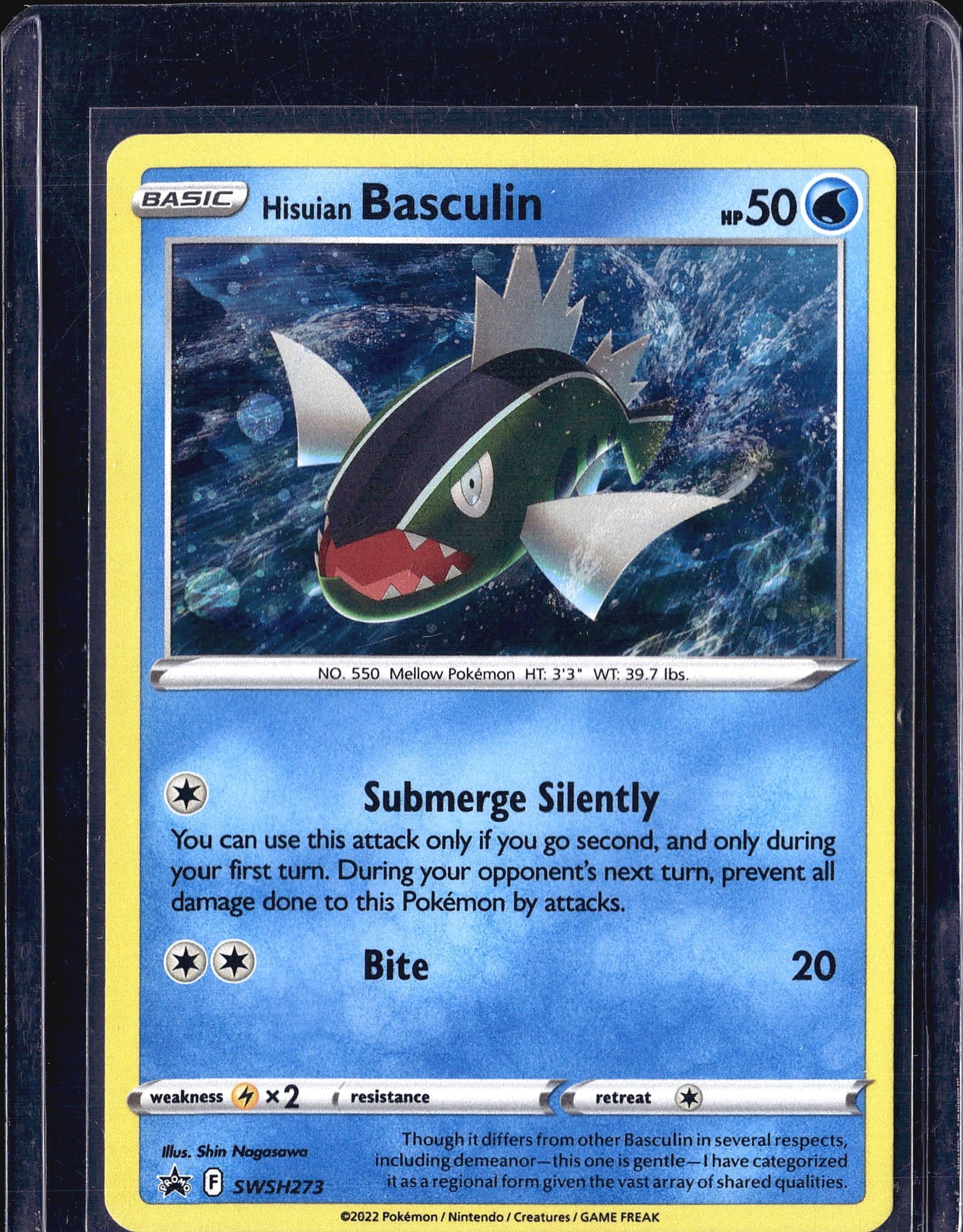 2022 Pokemon Hisuian Basculin SWSH Black Star Pro: This listing is for a 2022 Pokemon Sword & Shield Black Star Promo card featuring Hisuian Basculin, card number SWSH273. Illustrated by Shin Nagasawa, this Basic Water-type Pokemon carries 50 HP and
