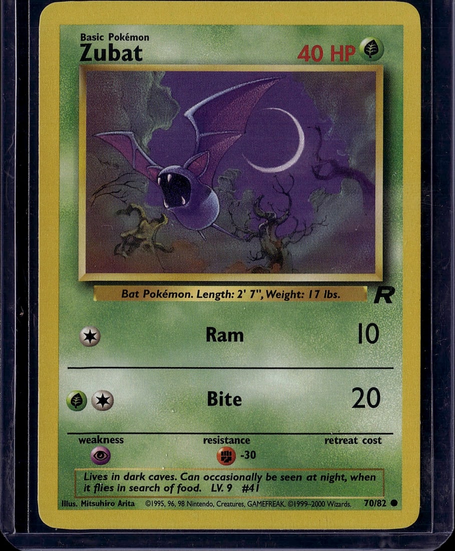 Zubat Base Set 41/102 Pokemon Card 1999 Unlimited: This is an authentic Zubat Pokemon trading card from the iconic Base Set, released in 1999. Card #41/102 features the classic purple bat Pokemon with 40 HP and Grass-type classification. The card