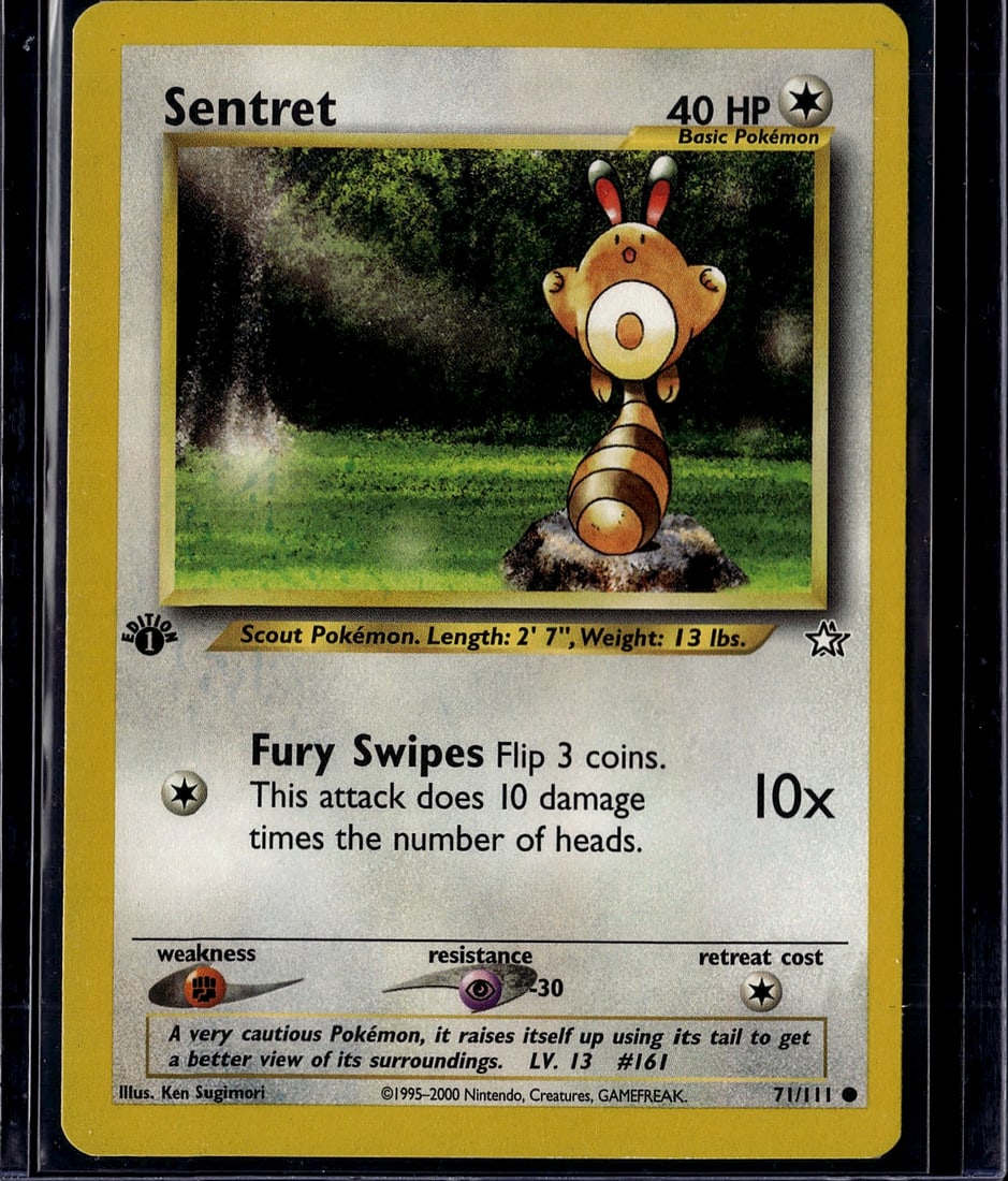 Sentret #161 Neo Genesis Pokemon Card Single - Vi: This is a vintage Sentret Pokemon single card from the Neo Genesis set, released in 2000. Card number 161 features the Scout Pokemon with its distinctive rolled-up body pose. The card displays the cla