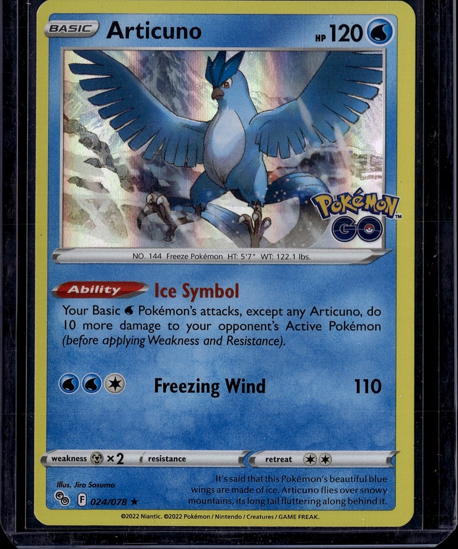 Articuno 024/078 Pokemon GO 2022 Basic Water Type: This is a raw Articuno Pokemon trading card from the 2022 Pokemon GO set, card number 024/078. Articuno is a Basic Water-type Pokemon featuring 120 HP with beautiful blue artwork depicting the