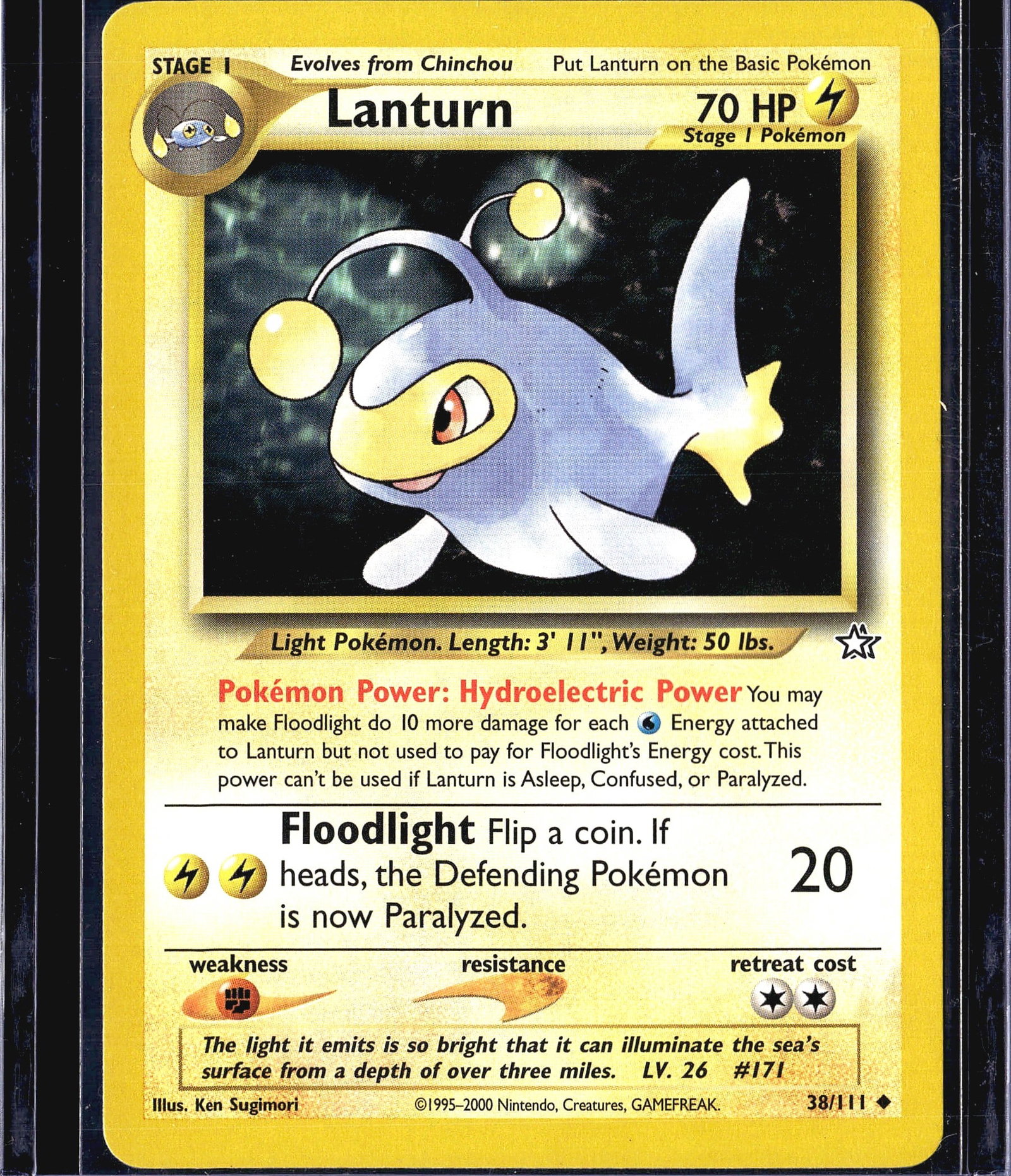 2000 Pokemon Neo Genesis Lanturn 38/111 Card: This listing features a 2000 Pokemon Neo Destiny Lanturn (38/111), a Stage 1 Lightning-type Pokemon card illustrated by Ken Sugimori. Lanturn evolves from Chinchou and has 70 HP. The card features