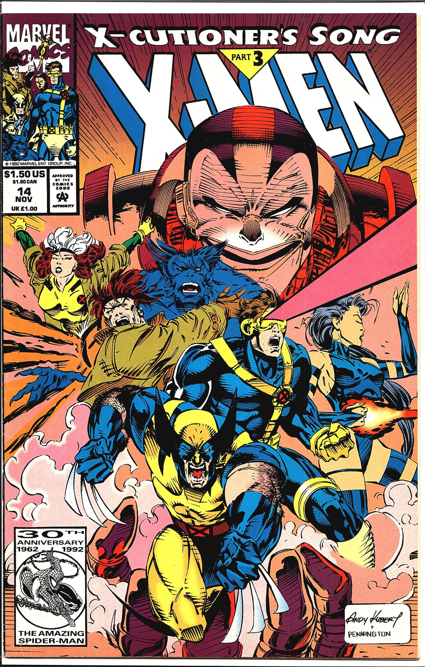 1992 Marvel X-Men 2nd Series #14 Comic Book: This is X-Men #14 (November 1992) published by Marvel Comics, featuring Part 3 of the X-Cutioner's Song crossover storyline. The cover is illustrated by Andy Kubert and Pennington, depicting Wolverine