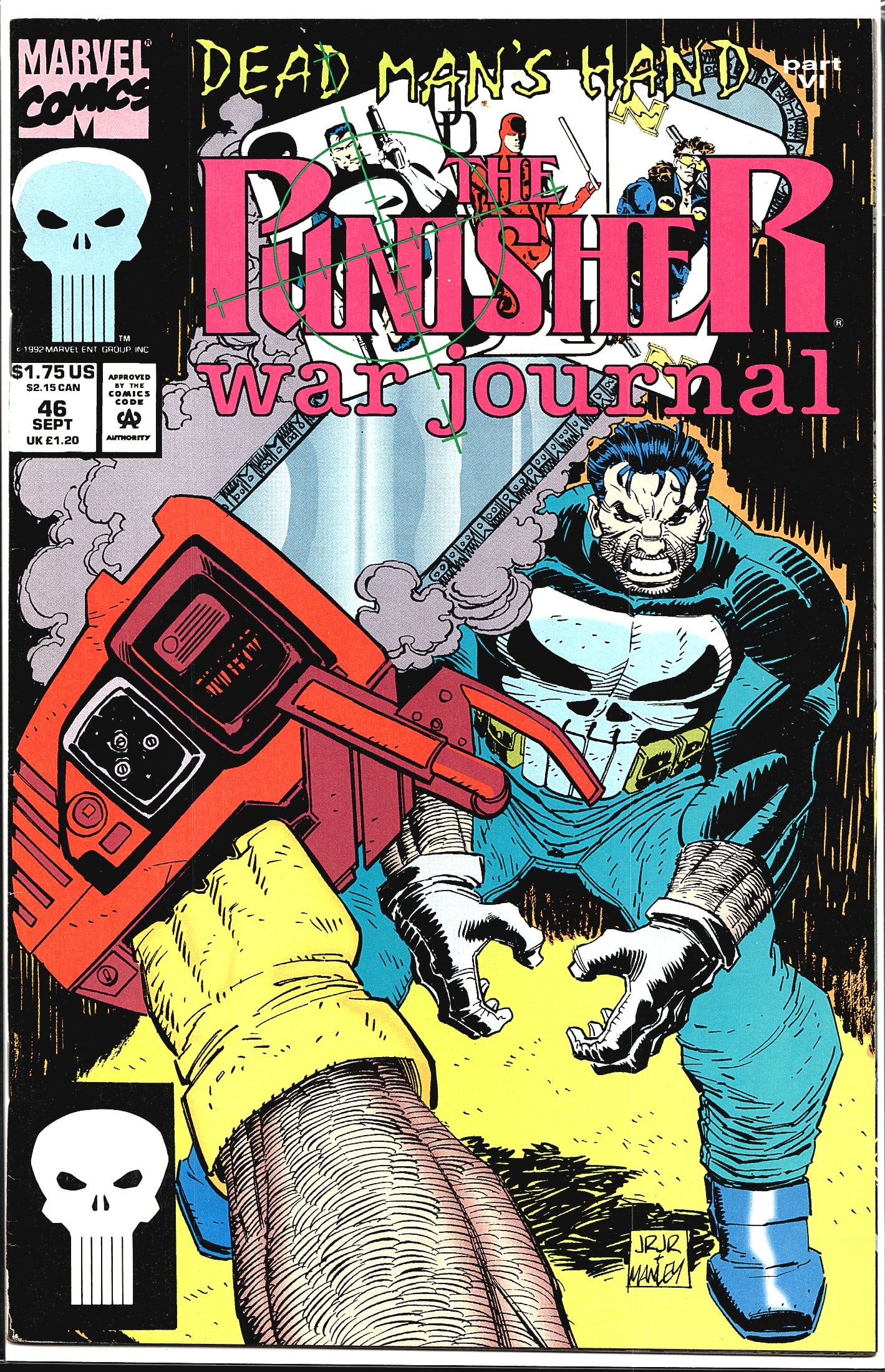 1992 Marvel Punisher War Journal #46 Dead Man's H: This is issue #46 of The Punisher War Journal, published by Marvel Comics in September 1992. The cover is part of the 'Dead Man's Hand' crossover storyline, labeled as Part VII. The cover art, signed 