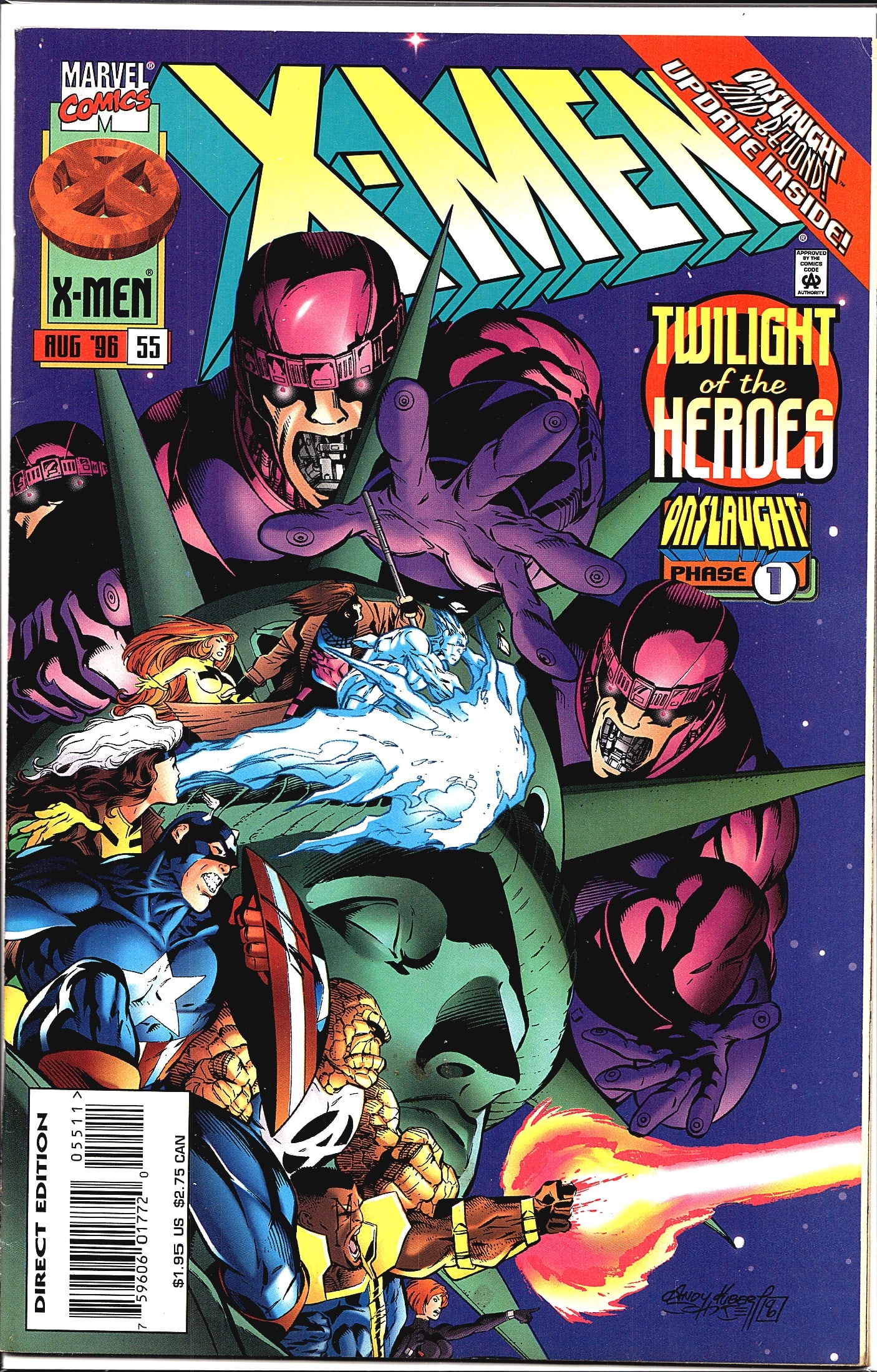 1996 Marvel X-Men 2nd Series #55 Comic Book: This is X-Men #55 published by Marvel Comics, cover dated August 1996, priced at $1.95 US / $2.75 CAN. This is a Direct Edition issue and is part of the landmark Onslaught crossover event, specificall