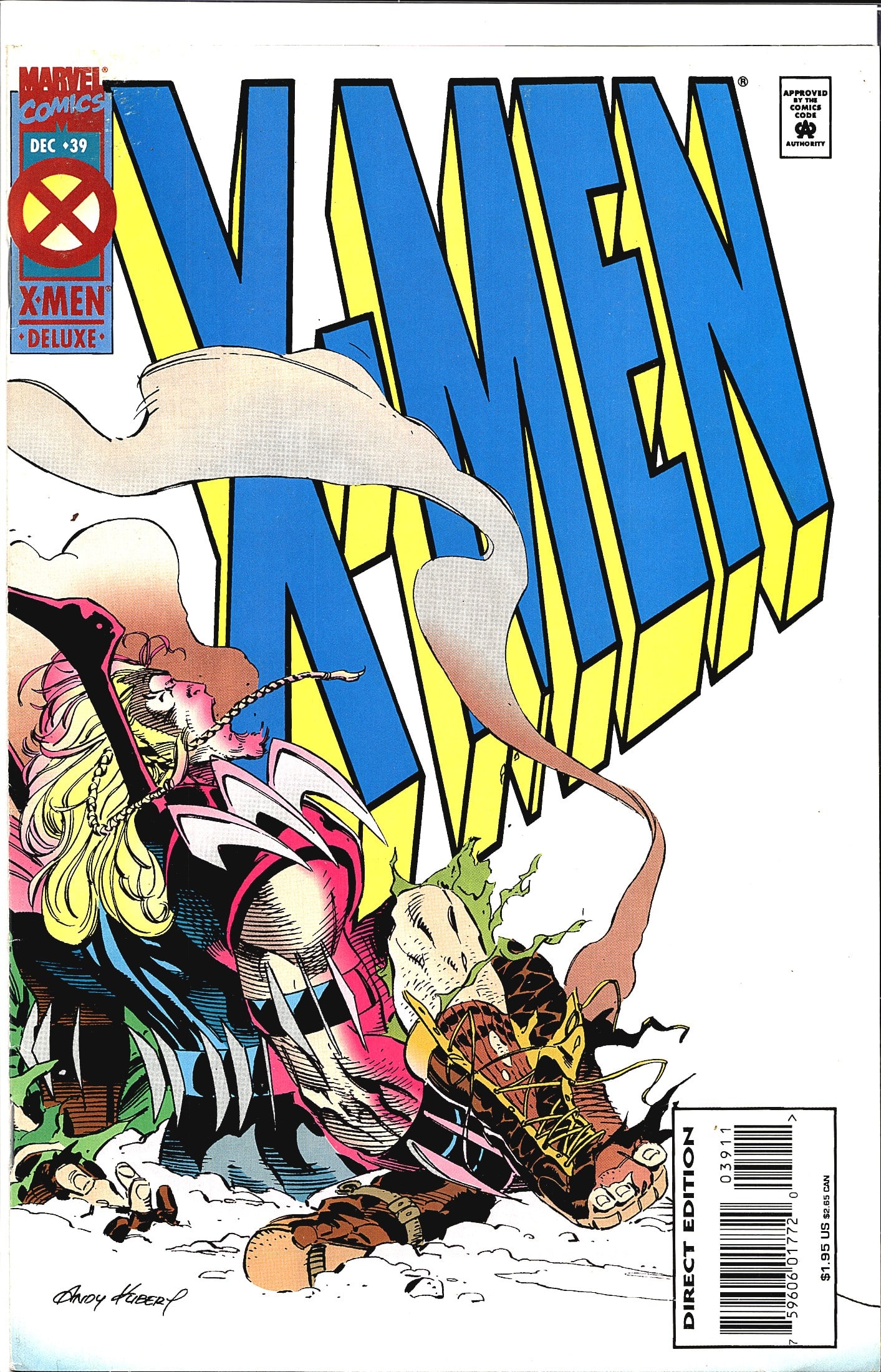 1994 Marvel X-Men #39 Adam X Comic Direct Edition: This is X-Men #39 (Deluxe Edition), published by Marvel Comics, cover dated December 1994. The cover art, signed by Andy Kubert, depicts a dramatic battle scene featuring a blonde female character in 