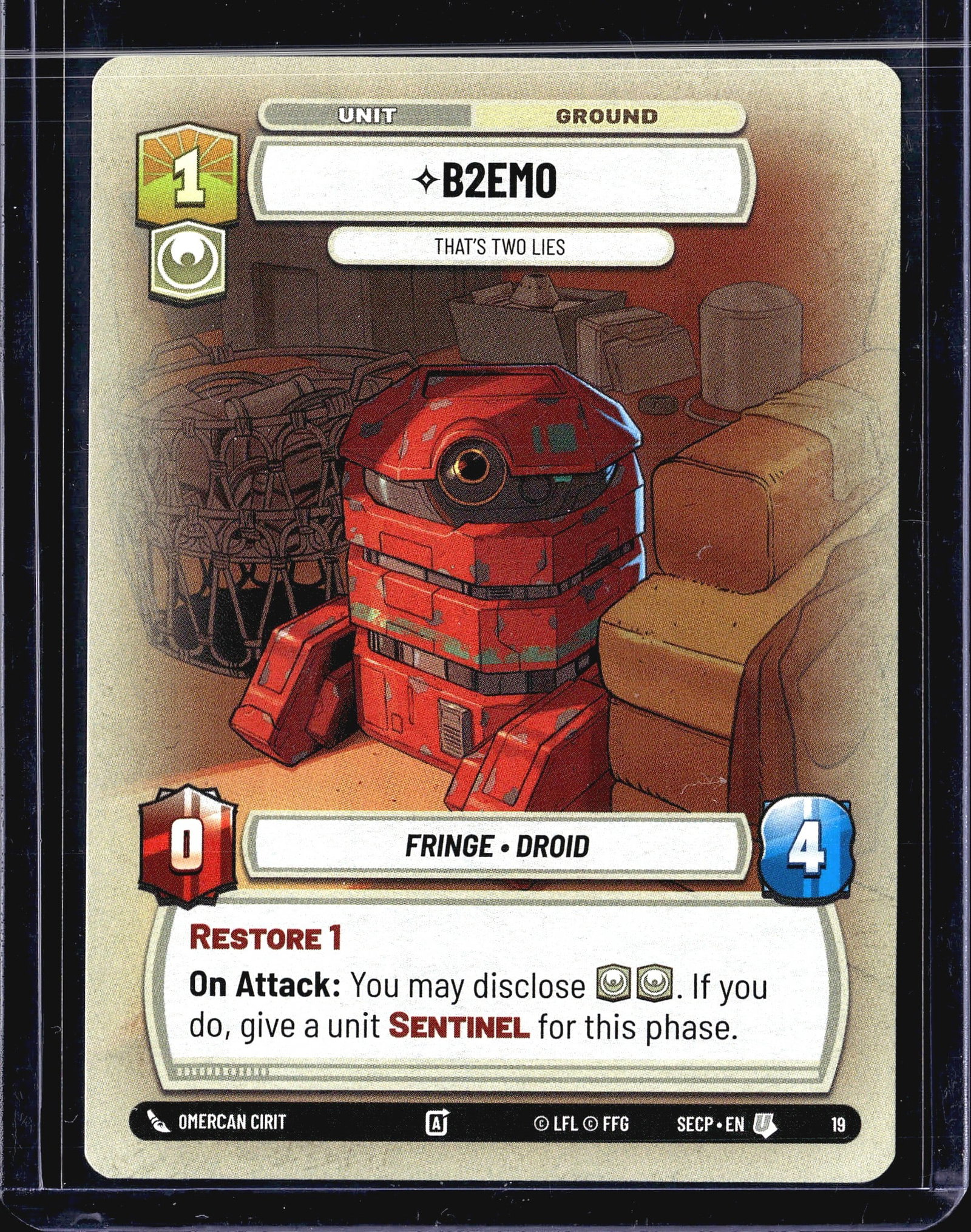 2025 Fantasy Flight Games Secrets of Power B2EMO: This listing features B2EMO - That's Two Lies, card #19 from the Star Wars Unlimited trading card game, published by Fantasy Flight Games (FFG) under license from Lucasfilm (LFL). The card is a Ground