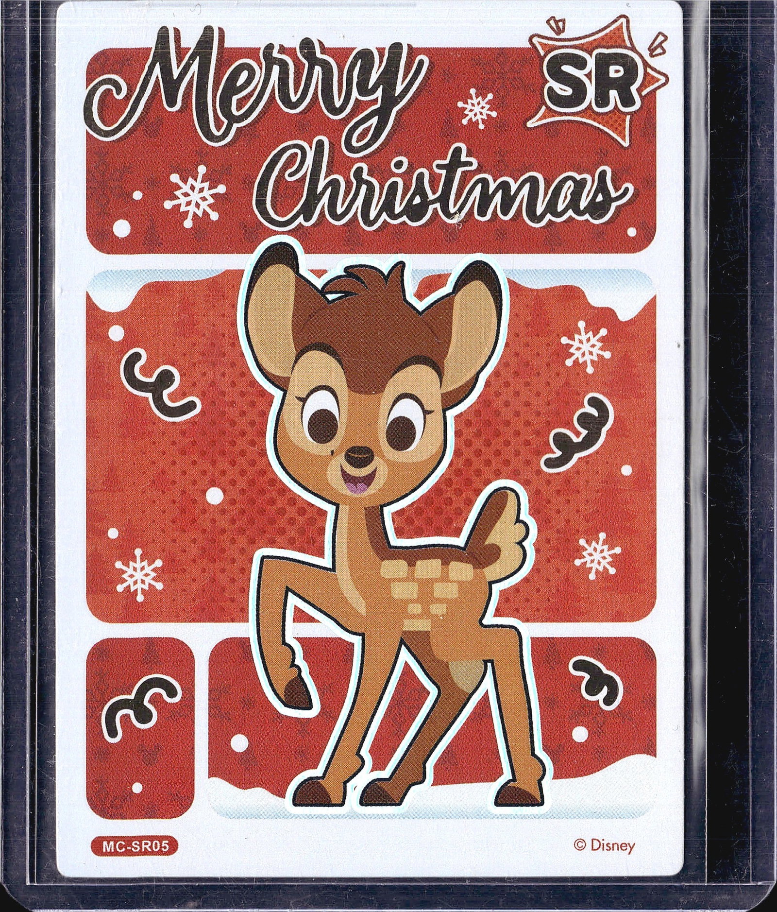 2023 Card Fun Disney 100 Anniversary SR05 Bambi S: This is a Disney single trading card featuring Bambi from the classic Disney animated film. The card is number MC-SR05 from the Merry Christmas set, designated as SR (Super Rare) rarity. The card show
