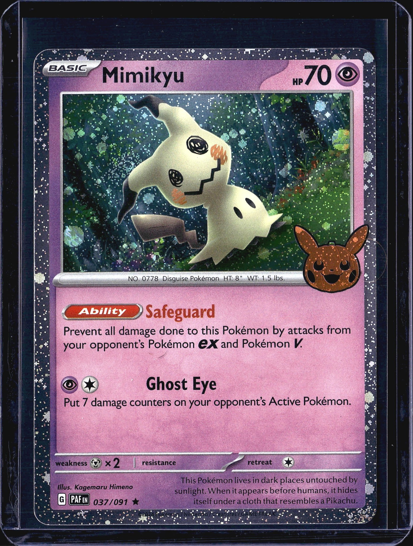 2024 Pokemon Paldean Fates Mimikyu 037/091 Revers: This listing features Mimikyu (037/091) from the 2024 Pokemon Trading Card Game set Paldean Fates (set code PAF). Mimikyu is a Basic Psychic-type Pokemon with 70 HP, bearing the Ability 'Safeguard' wh