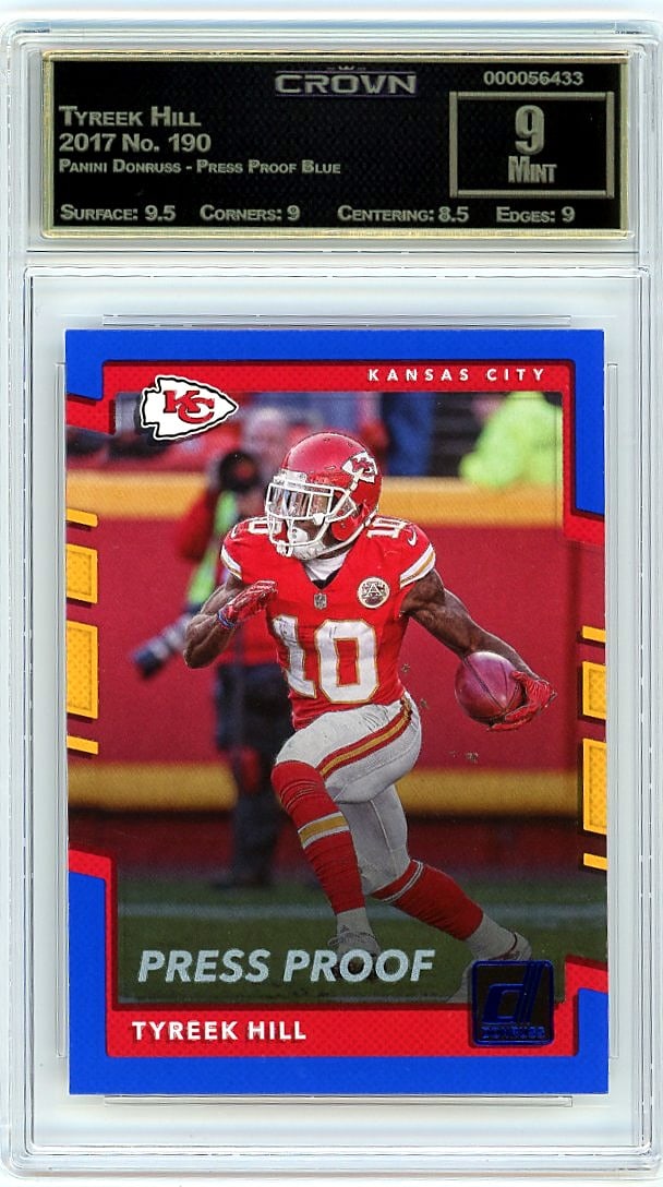 2017 Tyreek Hill Panini Donruss Press Proof Blue: This is a 2017 Tyreek Hill card from the Panini Donruss Press Proof Blue set, card number 190. Press Proof parallels are limited-print variants highly sought by collectors for their scarcity and visua