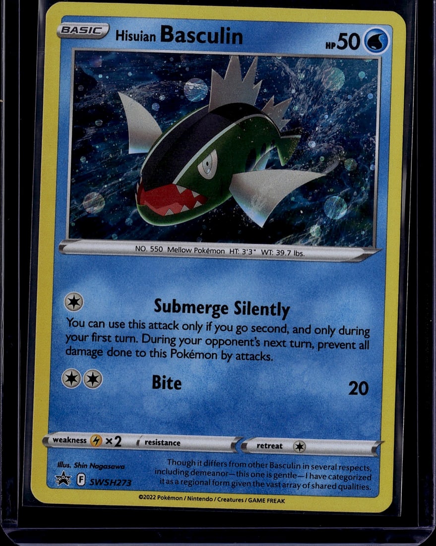 2022 Pokemon Sword & Shield Black Star Promo SWSH: Hisuian Basculin (SWSH273) is a Water-type Basic Pokemon card and a Cosmos Holo Black Star Promo released on November 11, 2022, available in Silver Tempest Single Pack Blisters. It features the Submer