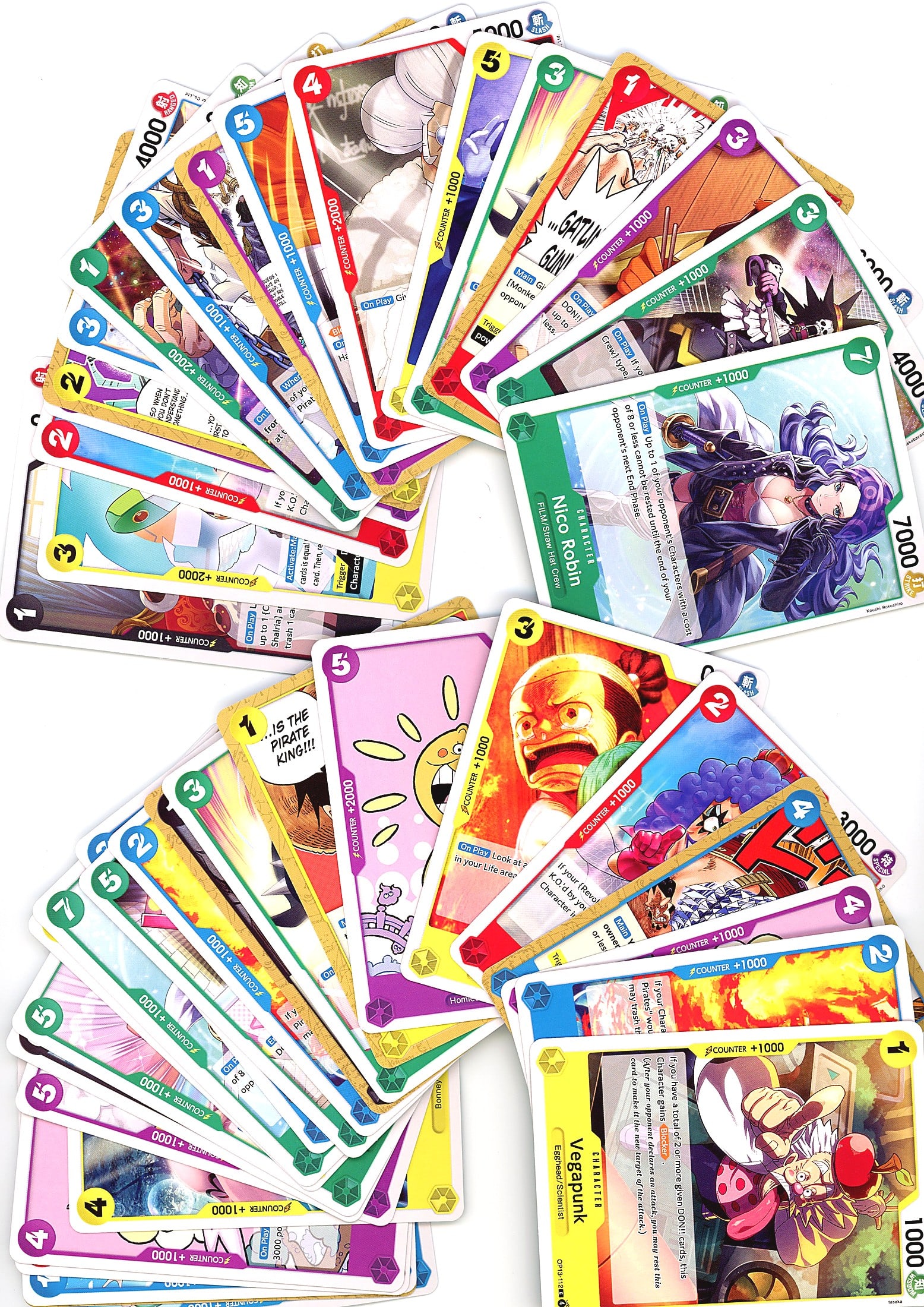 Large Lot Modern One Piece Trading Cards TCG Band: This is a substantial bulk lot of modern One Piece trading cards featuring colorful character artwork finishes throughout. The cards are printed by Bandai and display the characteristic card back desi