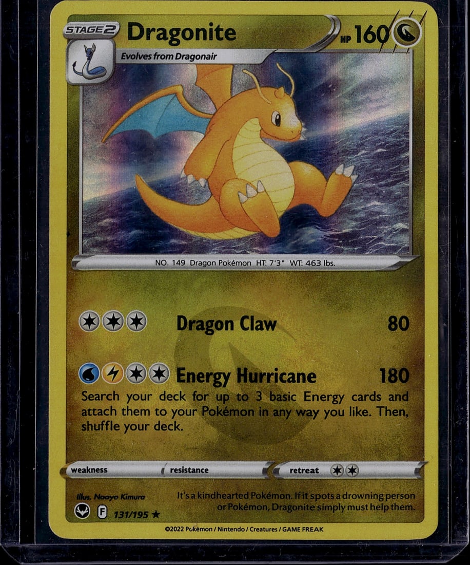 Dragonite 149/195 Stage 2 Pokemon Card 2022 Sword: This is a raw Dragonite Stage 2 Pokemon single card from the 2022 Sword & Shield era set. Card number 149/195 features the iconic Dragon-type Pokemon with 160 HP. The card showcases Dragonite's two at