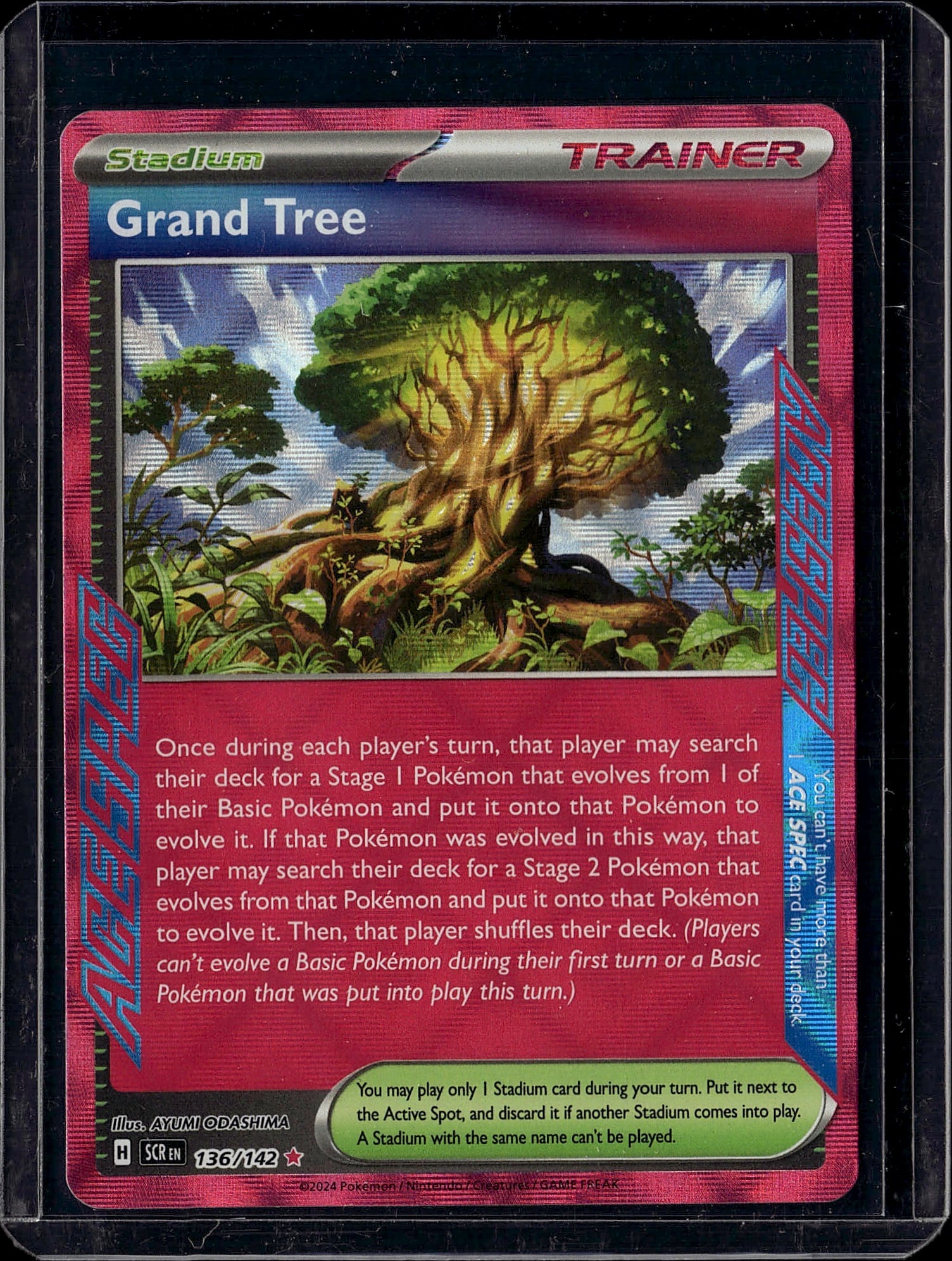 Grand Tree 136/142 Pokemon Scarlet Violet Stadium: This is a raw Pokemon Trainer card from the modern Scarlet & Violet era, featuring Grand Tree, a Stadium-type card illustrated by Ayumi Odashima. The card allows players to search their deck for Stage
