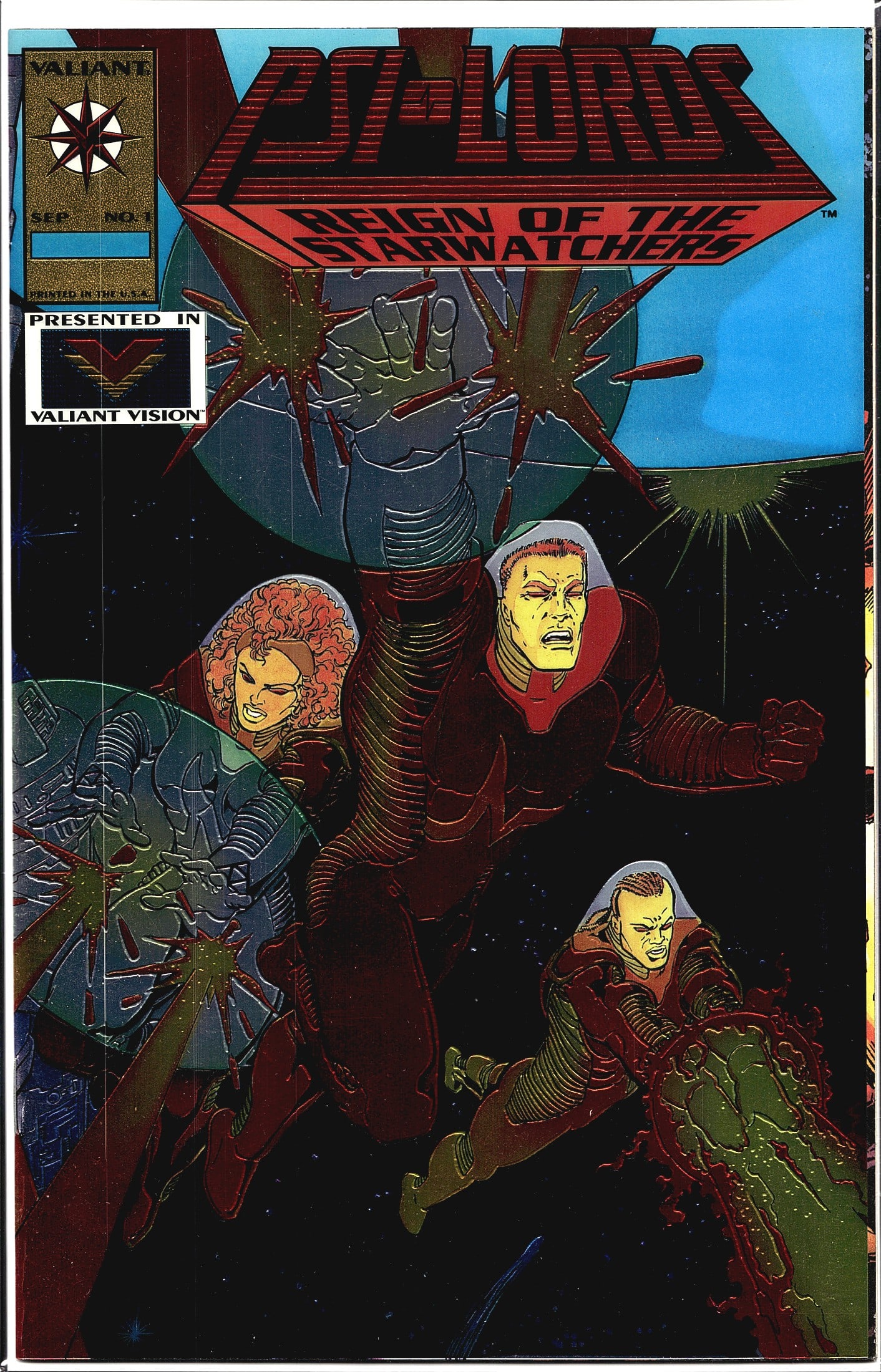 1994 Valiant Psi-Lords #1 Chromium Wraparound Cov: Psi-Lords: Reign of the Starwatchers #1, published by Valiant Comics in September 1993. This is issue number one of the series, featuring a foil-enhanced cover with dramatic artwork depicting armored