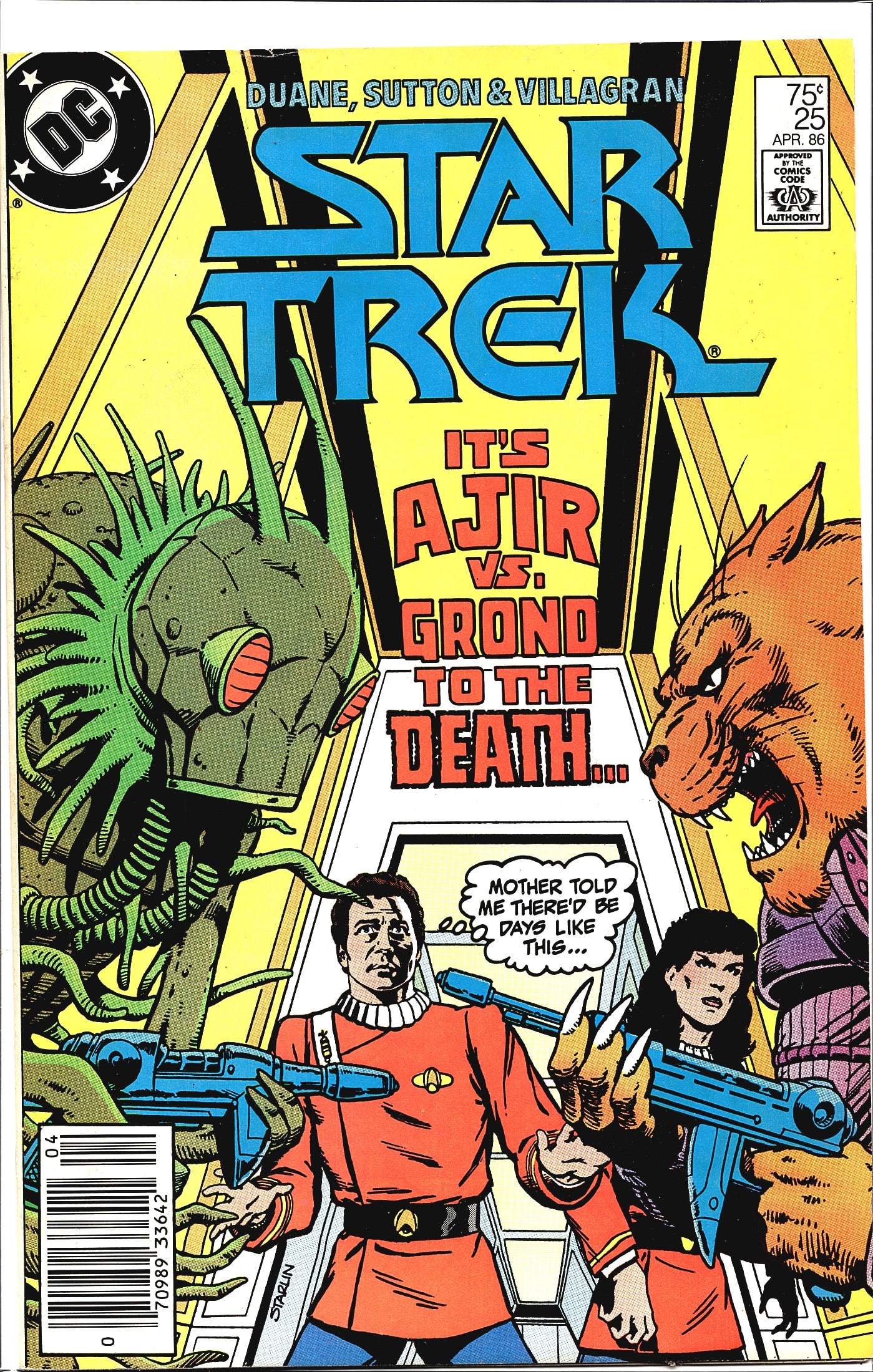 1986 DC Comics Star Trek #25 Newsstand Variant Co: Star Trek #25 published by DC Comics, cover dated April 1986, priced at 75 cents. This issue is written by Duane with art by Sutton and Villagran, as credited on the cover. The cover art features two