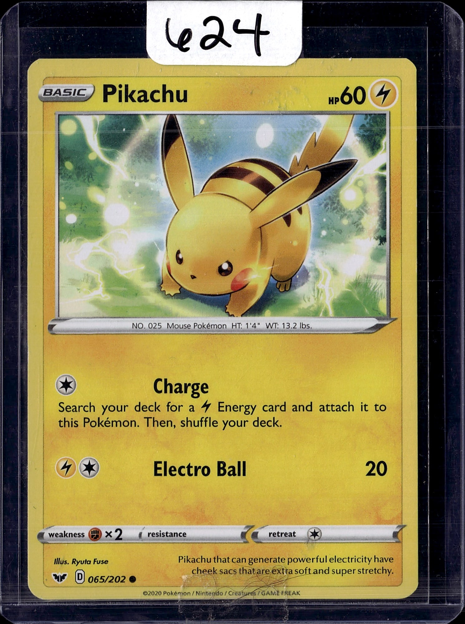 2020 Pokemon Sword & Shield Pikachu Basic 065/202: This is a 2020 Pokemon Sword & Shield Base Set Pikachu Basic card (No. 025, Card #065/202) featuring the iconic yellow Electric-type Mouse Pokemon. The card displays excellent centering and vibrant co