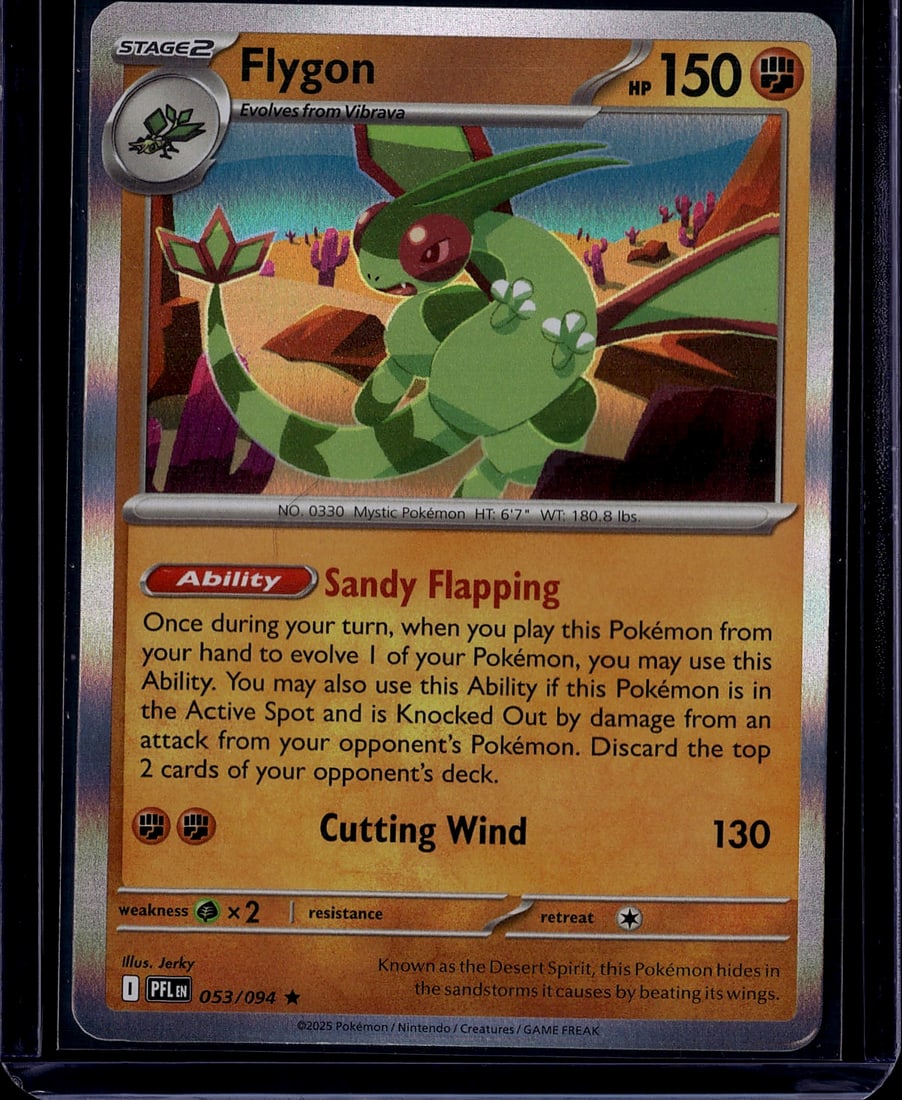 2025 Phantasmal Flames ME02 053/094 Flygon Pokemo: Flygon is a Stage 2 Holo Rare from the Pokemon TCG: Mega Evolution-Phantasmal Flames (ME02) expansion, released worldwide on November 14, 2025. It features 150 HP and the Sandy Flapping Ability,