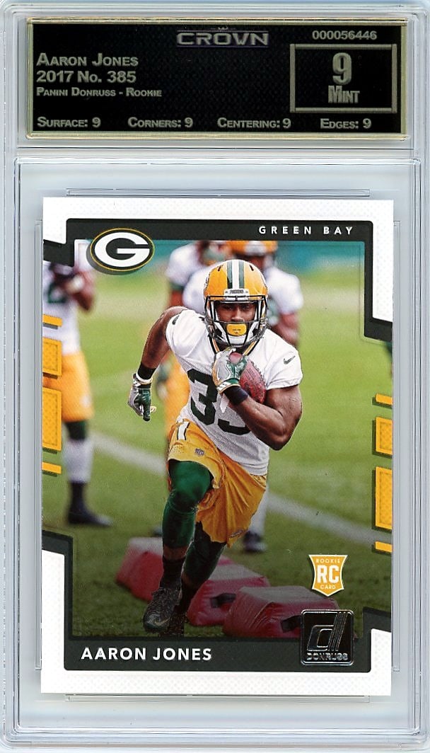 2017 Aaron Jones Panini Donruss Rookie #385 Crown: This is a 2017 Aaron Jones rookie card from the Panini Donruss Rookie set, card number 385. As a key early entry point for collectors of this player, this card captures Jones' introduction to the NFL