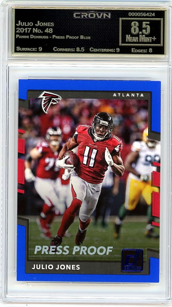 2017 Julio Jones Panini Donruss Press Proof Blue: This is a 2017 Julio Jones card from the Panini Donruss Press Proof Blue set, card number 48. Press Proof Blue parallels are limited-print variants that stand out among standard base releases, making